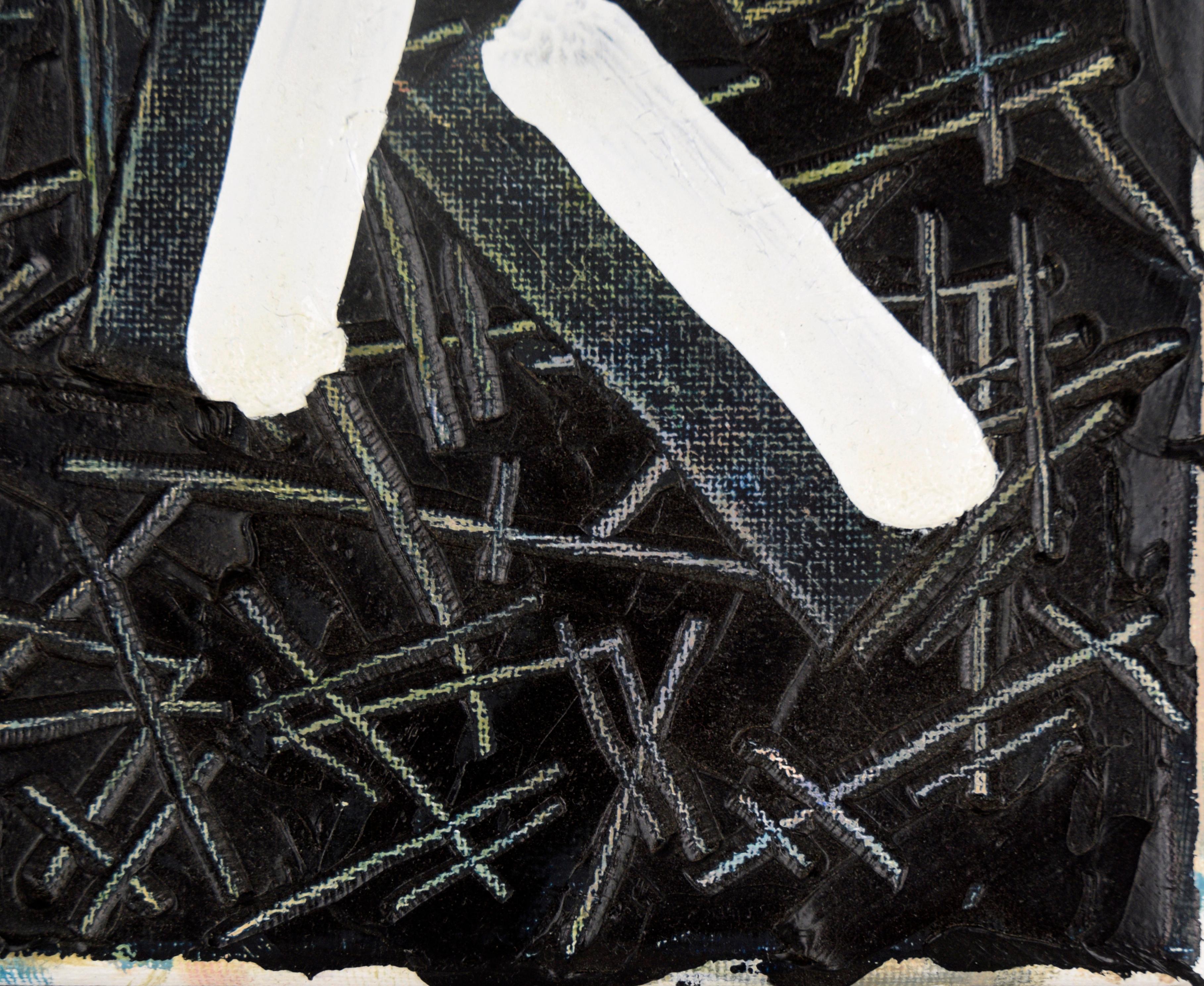 „Not Black and White“ – Abstrakte Komposition in Öl auf Leinwand
Reich strukturierte abstrakte Komposition des kalifornischen Künstlers Devon Brockopp-Hammer (Amerikaner, geb. 1986). Dieses Stück scheint mit schwarzer und weißer Farbe bemalt zu