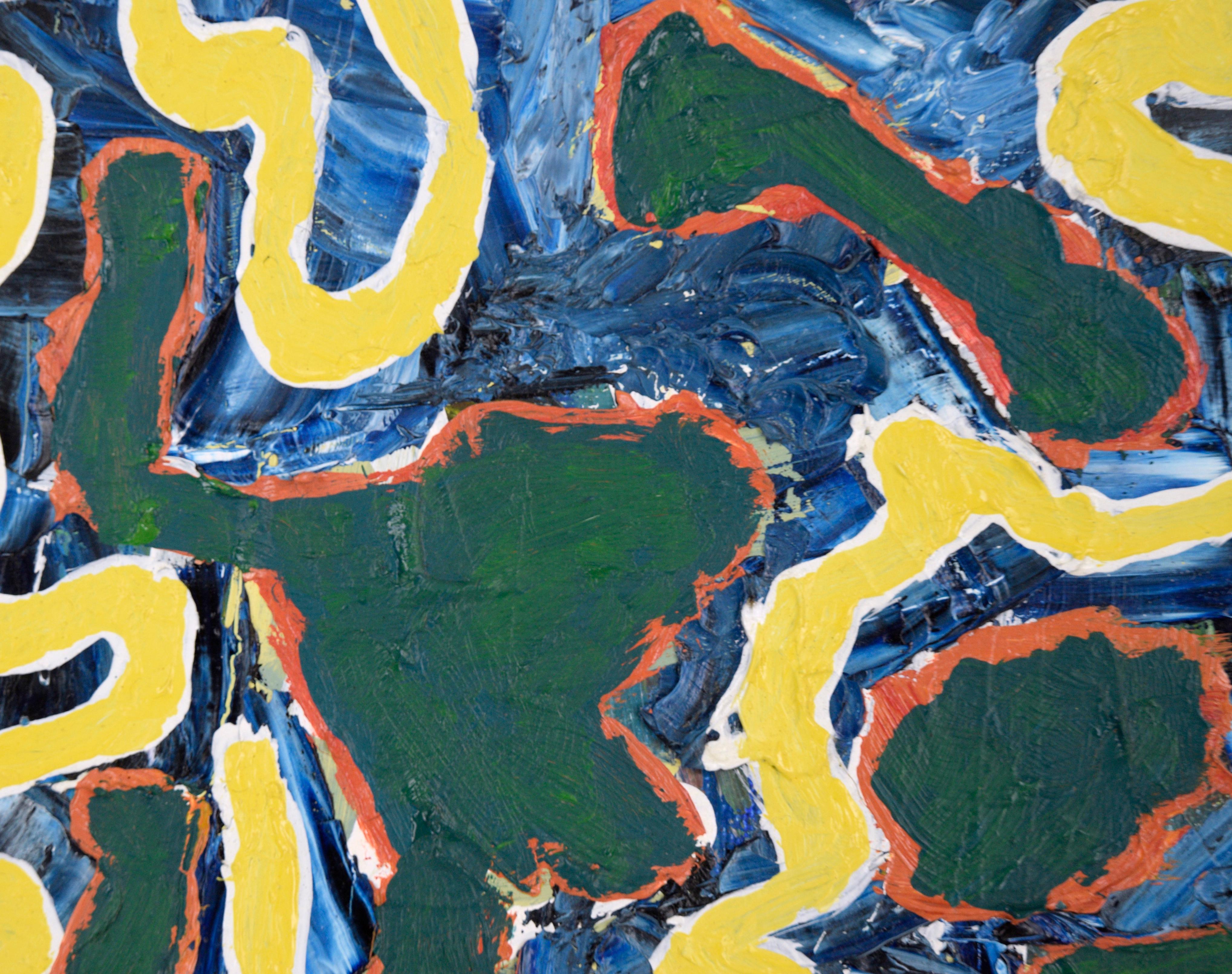 „Patches and a Path“ – abstrakte Komposition in Öl auf Leinwand (Blau), Abstract Painting, von Devon Brockopp-Hammer