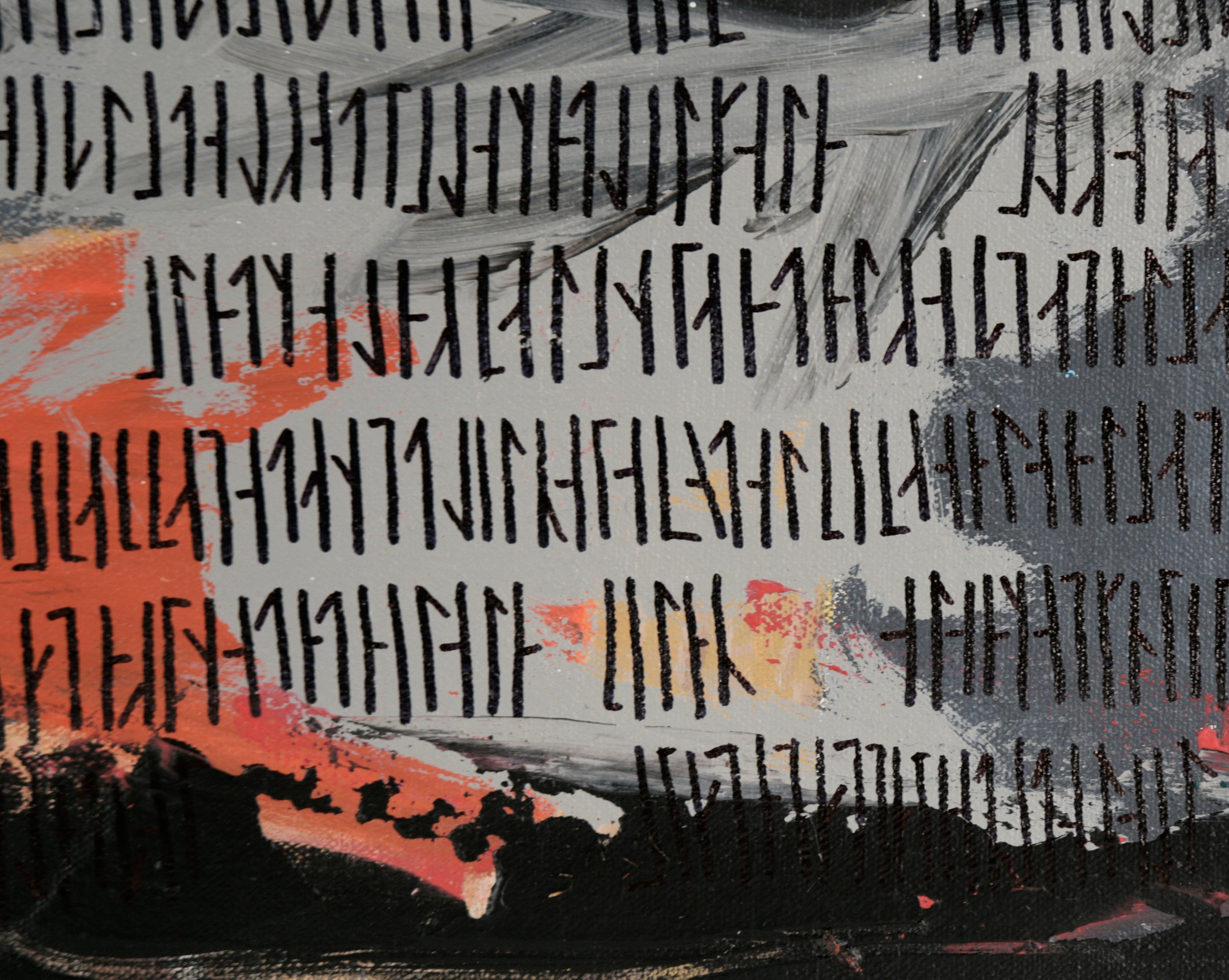 Komposition von Symbolen vor einem abstrakten Hintergrund des kalifornischen Künstlers Devon Brockopp-Hammer (Amerikaner, geb. 1986). Verso betitelt, paraphiert 