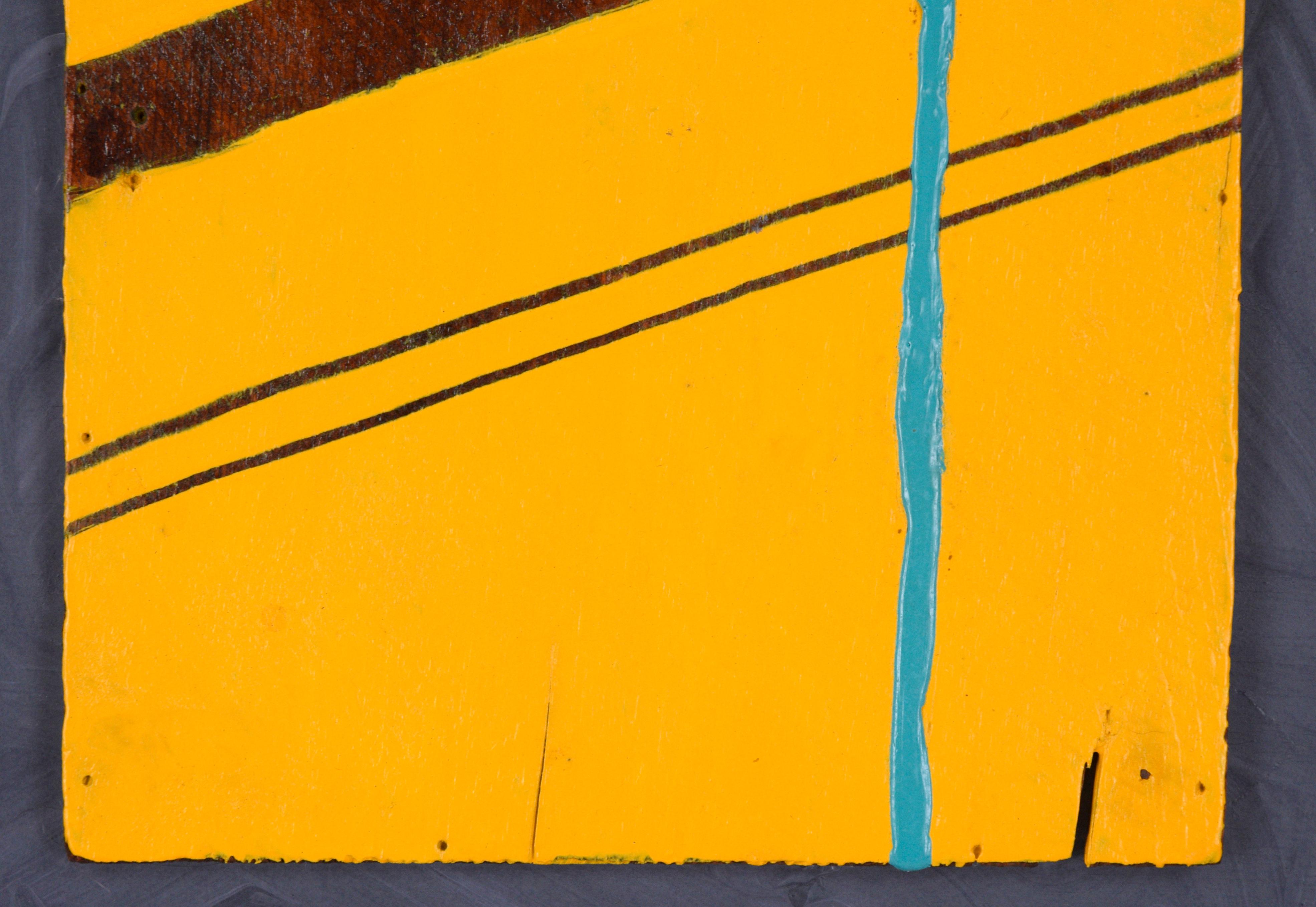 Abstract minimalist composition by California artist Devon Brockopp-Hammer (American, b. 1986). A layer of thick yellow paint was applied to a reclaimed wood panel, then lines were scraped away to reveal the wood underneath. There is one drip line