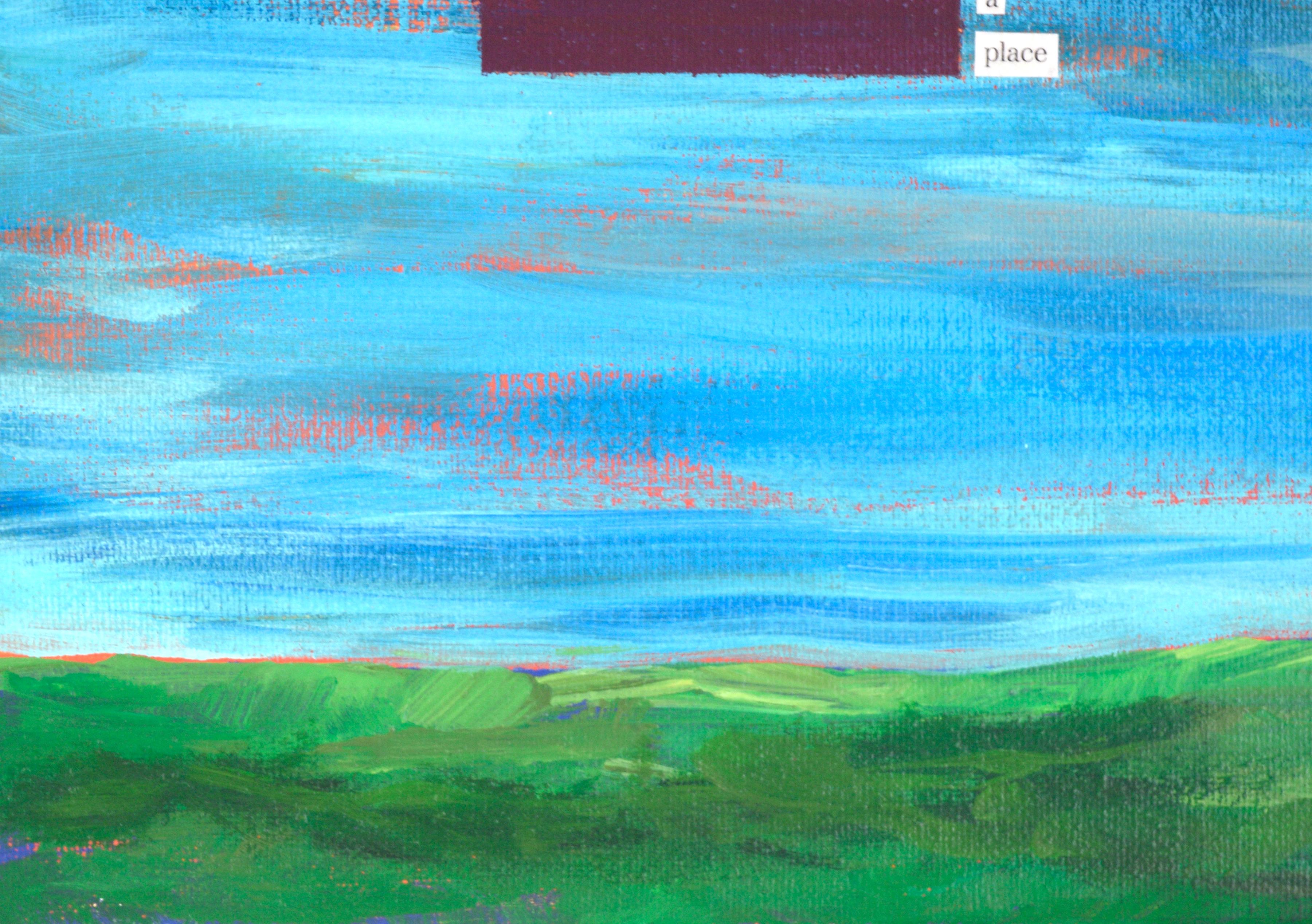 Abstrahierte Landschaft des kalifornischen Künstlers Devon Brockopp-Hammer (Amerikaner, geb. 1986). Die kräftige orangefarbene Untermalung lässt die Komposition durchscheinen und verleiht dem Werk einen leuchtenden Effekt. Der Himmel ist mit zwei