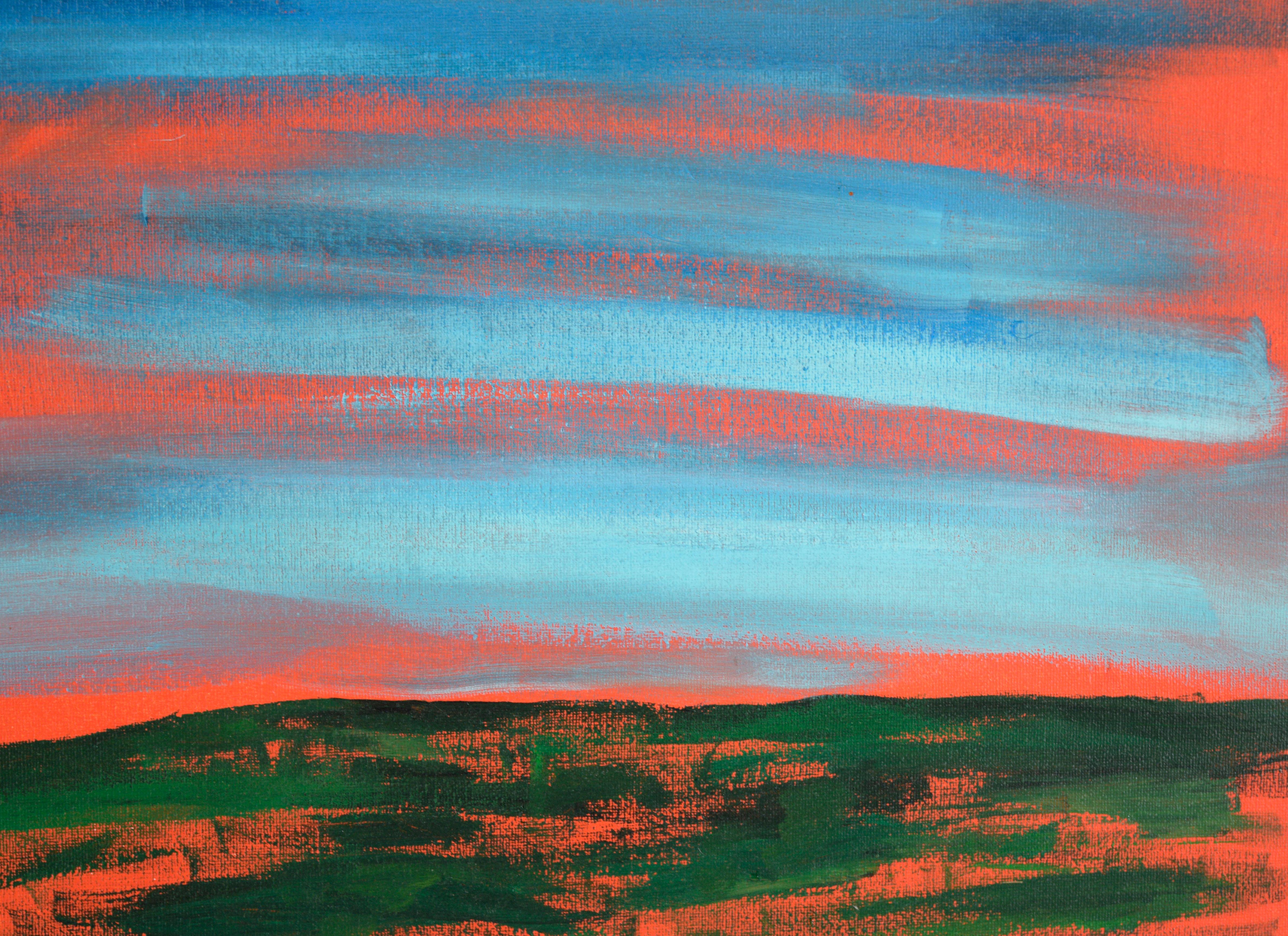 Paysage abstrait de l'artiste californien Devon Brockopp-Hammer (américain, né en 1986). La sous-couche orange a été laissée transparaître à travers la composition, ajoutant un effet lumineux à la pièce. La phrase 