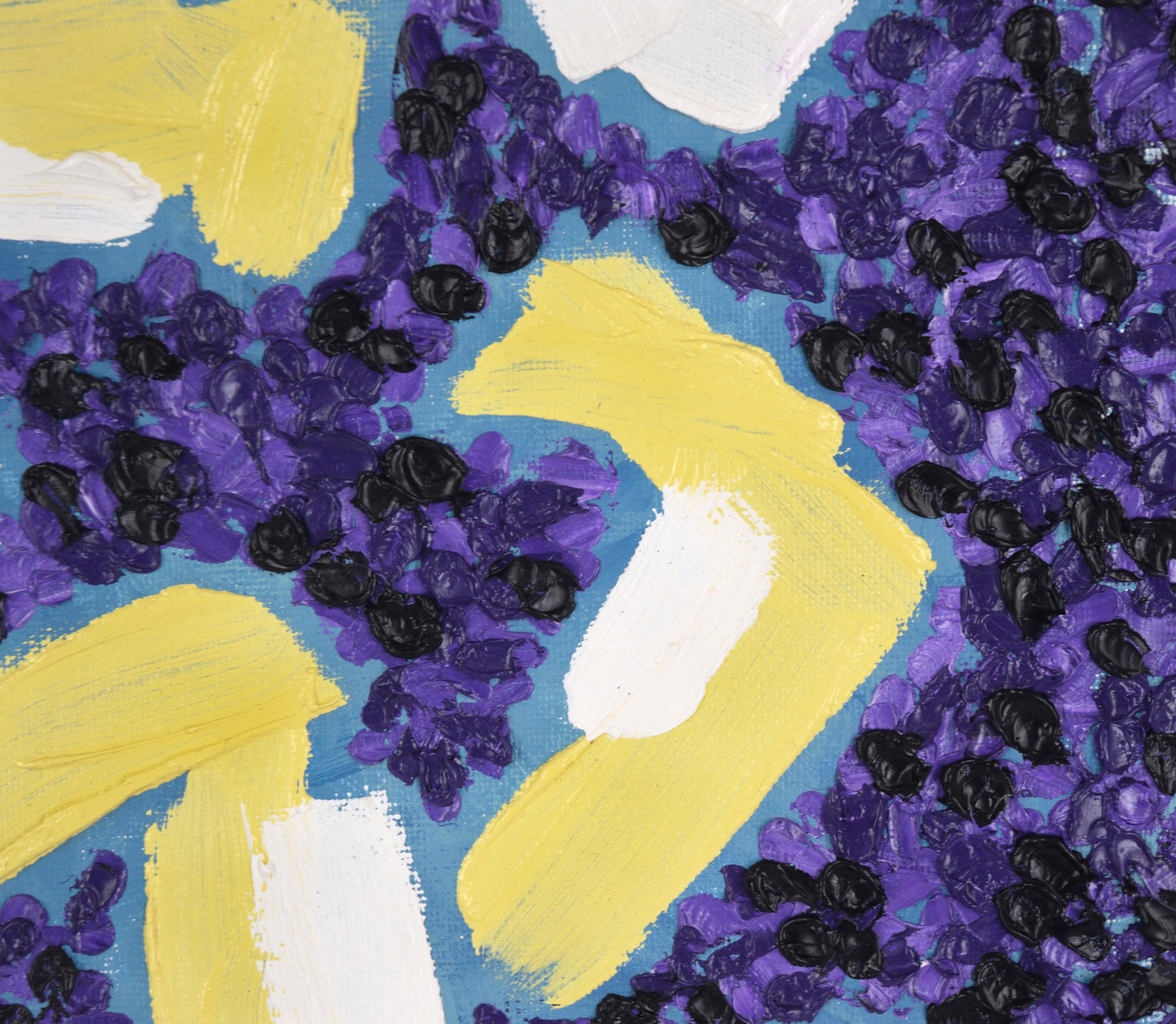 Richly textured abstract composition by California artist Devon Brockopp-Hammer (American, b. 1986). Large bold swatches of white and yellow float against a blur background. Surrounding the large strokes are several layers of heavily textured purple
