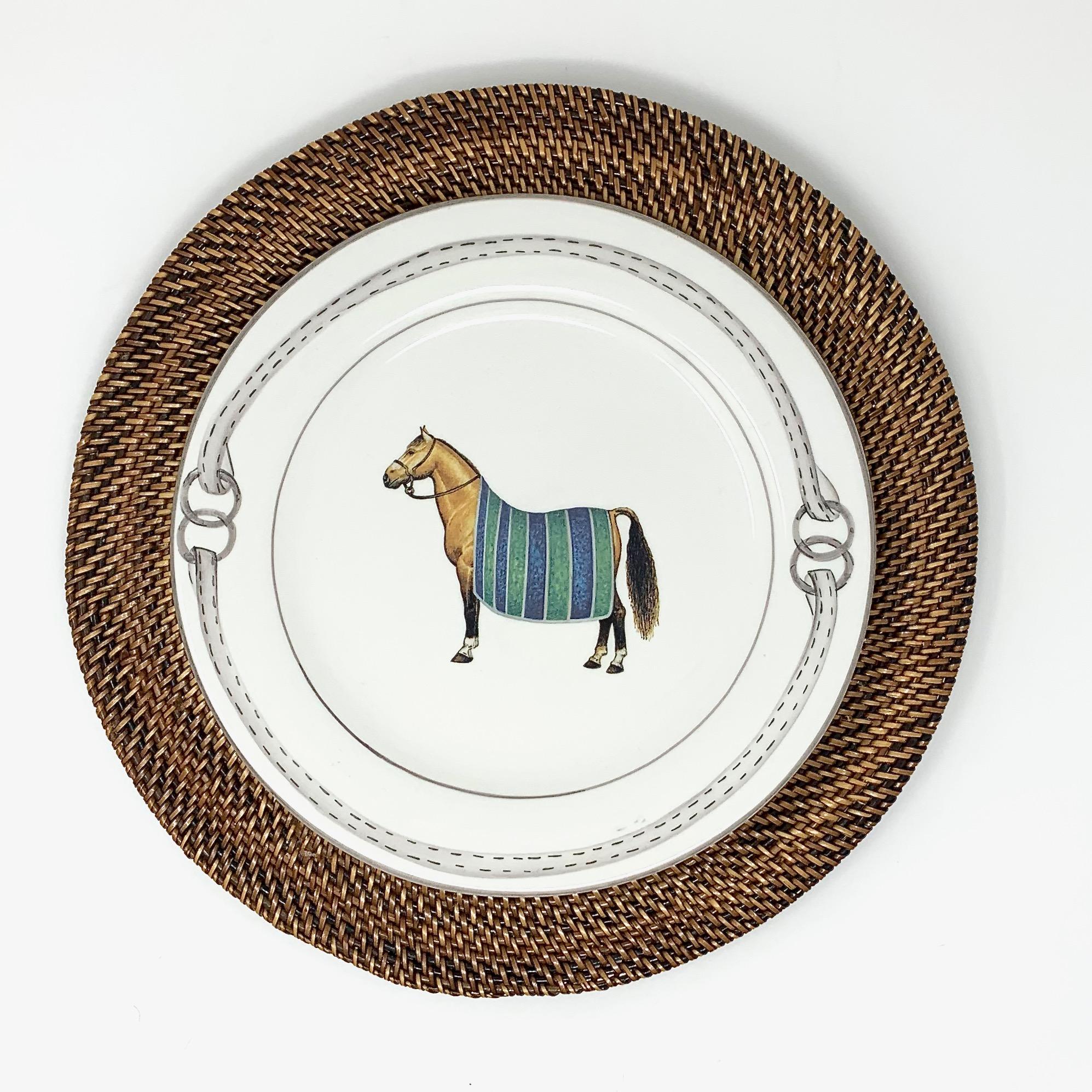 Devon Equestrian Dinner Plate - Set of 4, Made in Italy for The Mane Lion
Each plate features a different blanketed horse.

The Mane Lion was born in 1979 in the heart of Philadelphia's fabled Main Line, offering a line of charming, hand-painted