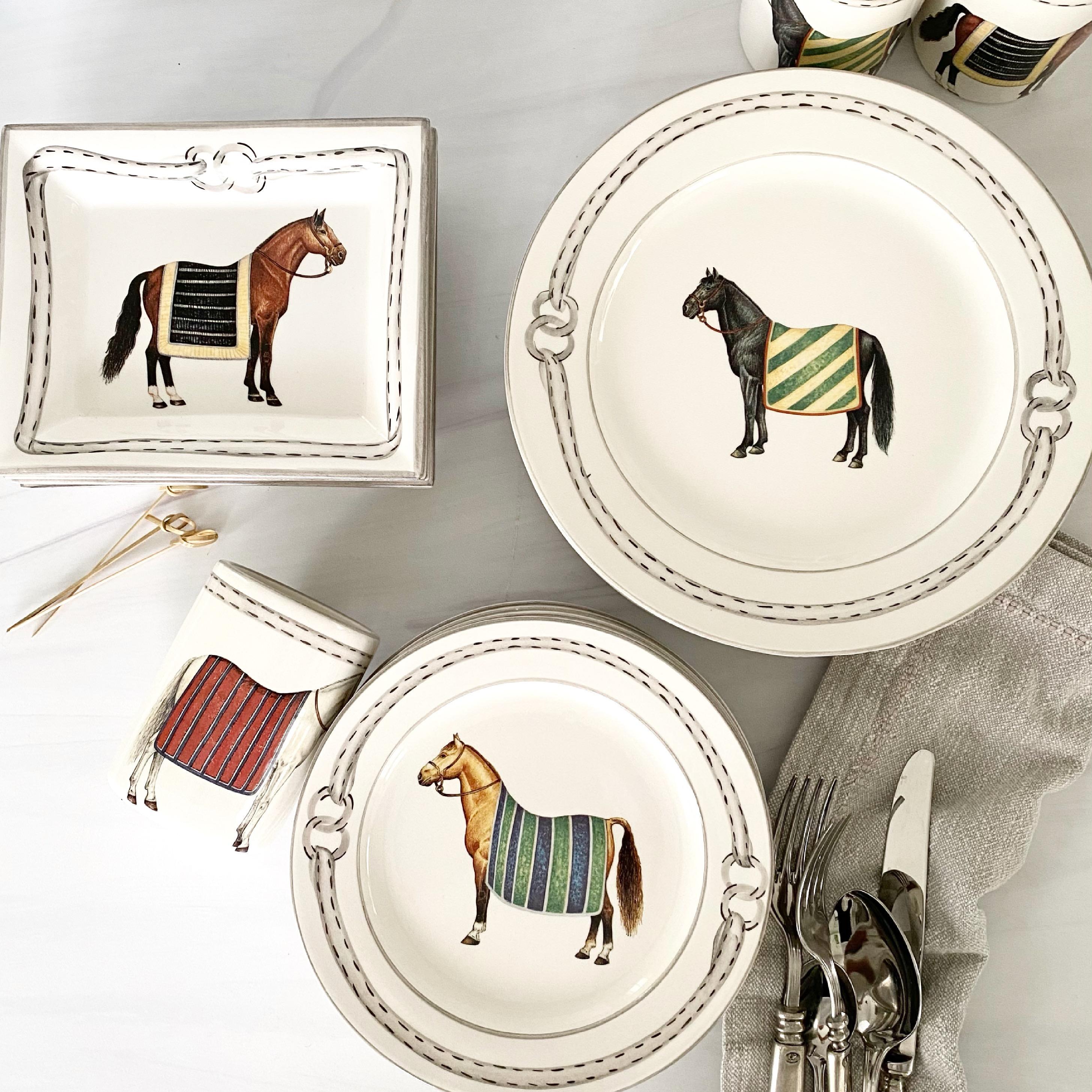 Italian Devon Equestrian Ceramic Dinner Plates S/4, Made in Italy For Sale