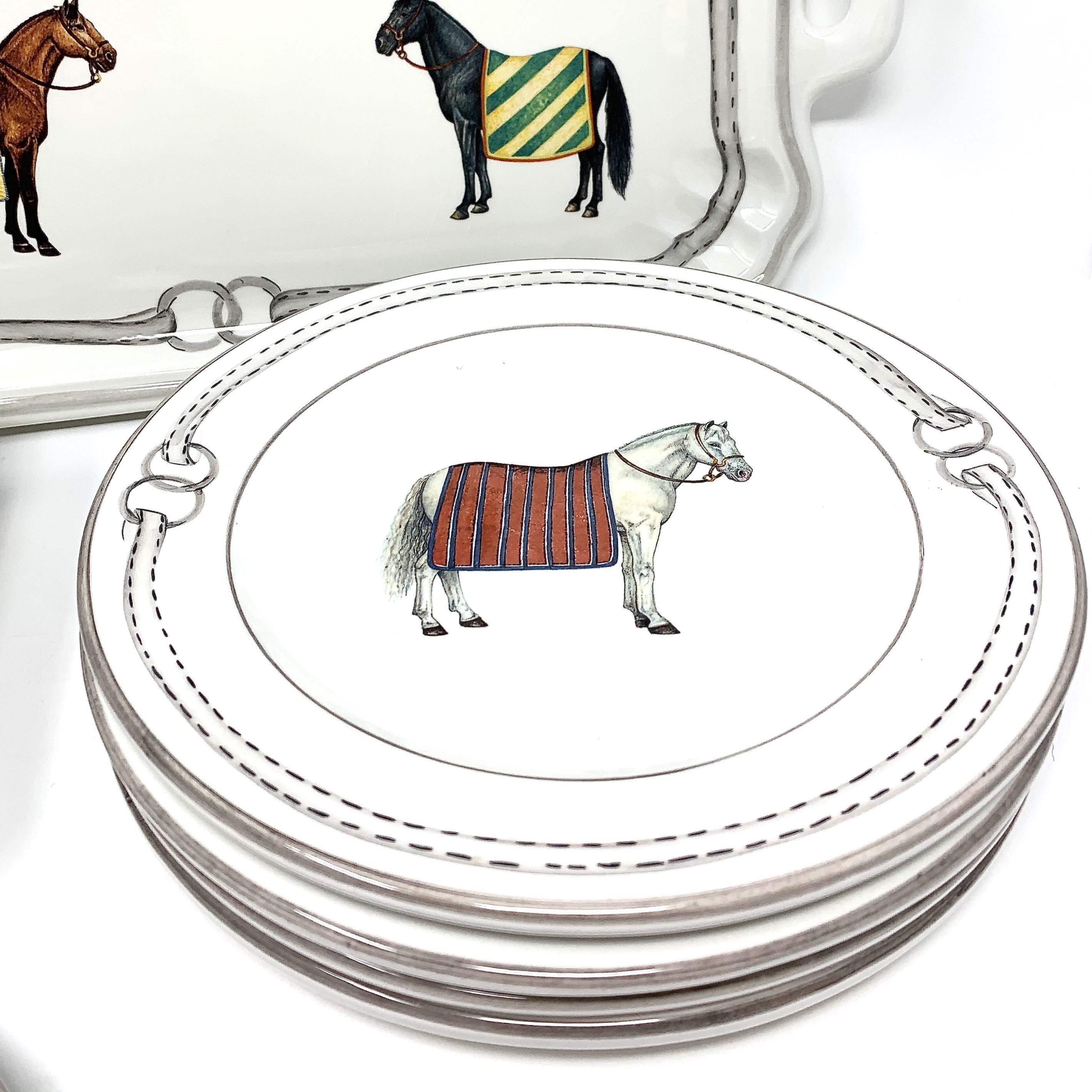 Contemporary Devon Equestrian Ceramic Dinner Plates S/4, Made in Italy For Sale