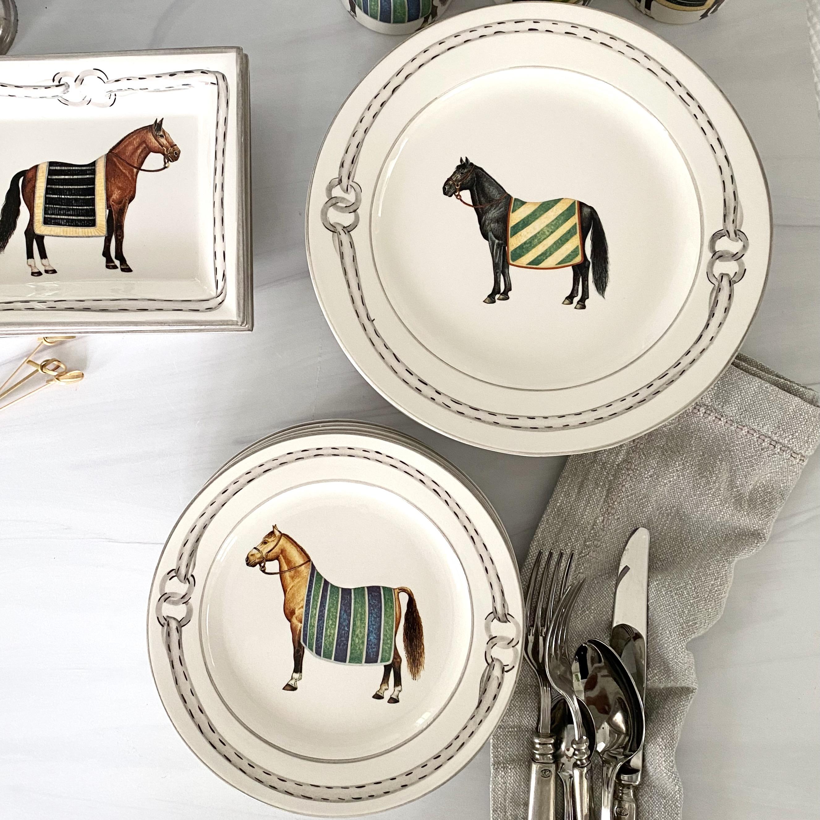Equestrian Salad Plates, Set of 4 different blanketed horses. Made in Italy for The Mane Lion,


The Mane Lion was born in 1979 in the heart of Philadelphia's fabled Main Line, offering a line of charming, hand-painted chip-and-dip serving pieces