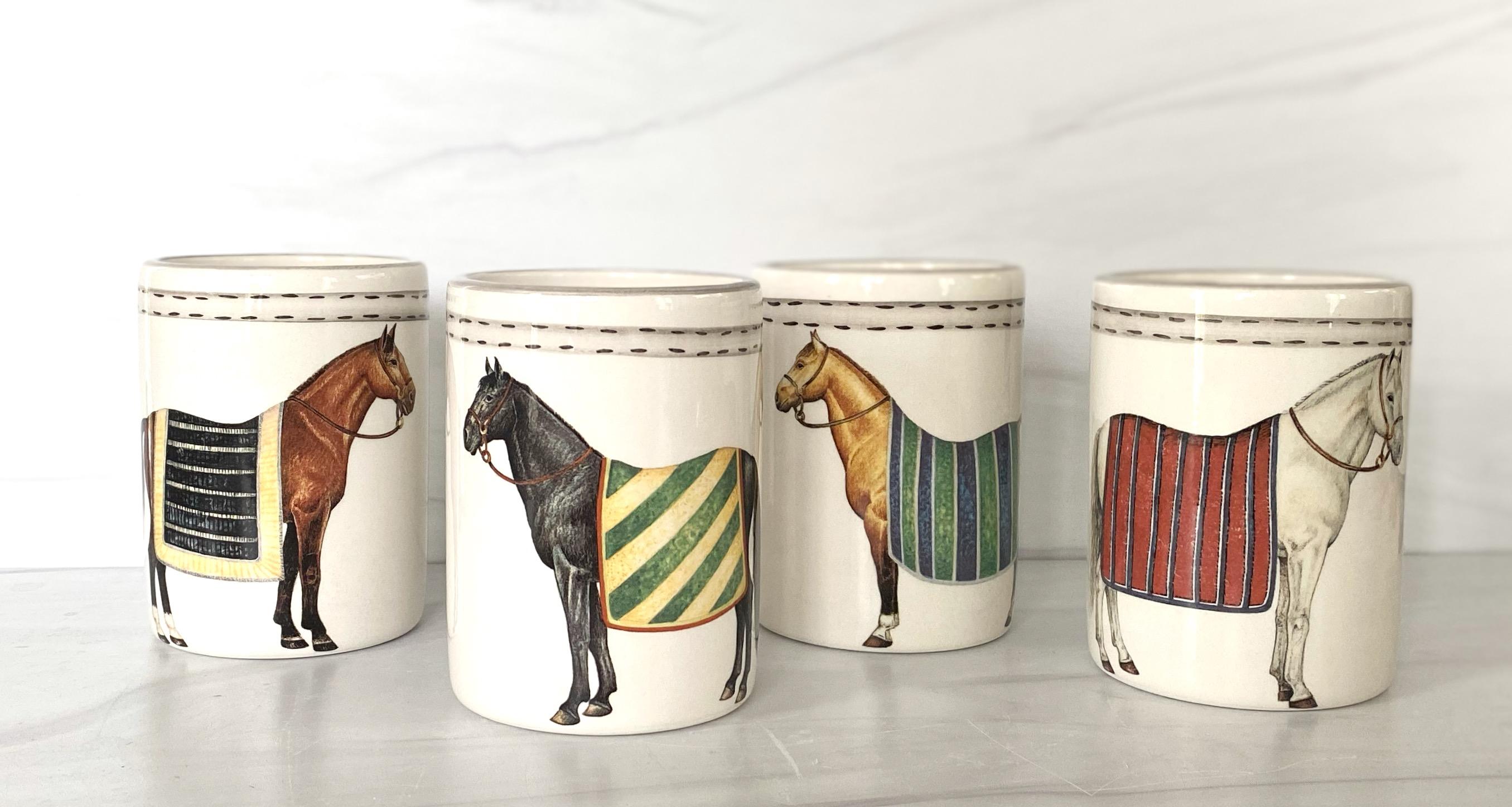 Devon Equestrian Ceramic Tumbler, Made in Italy for The Mane Lion
Sold in a set of 4 
Each tumbler features a different blanketed horse

The Mane Lion was born in 1979 in the heart of Philadelphia's fabled Main Line, offering a line of charming,