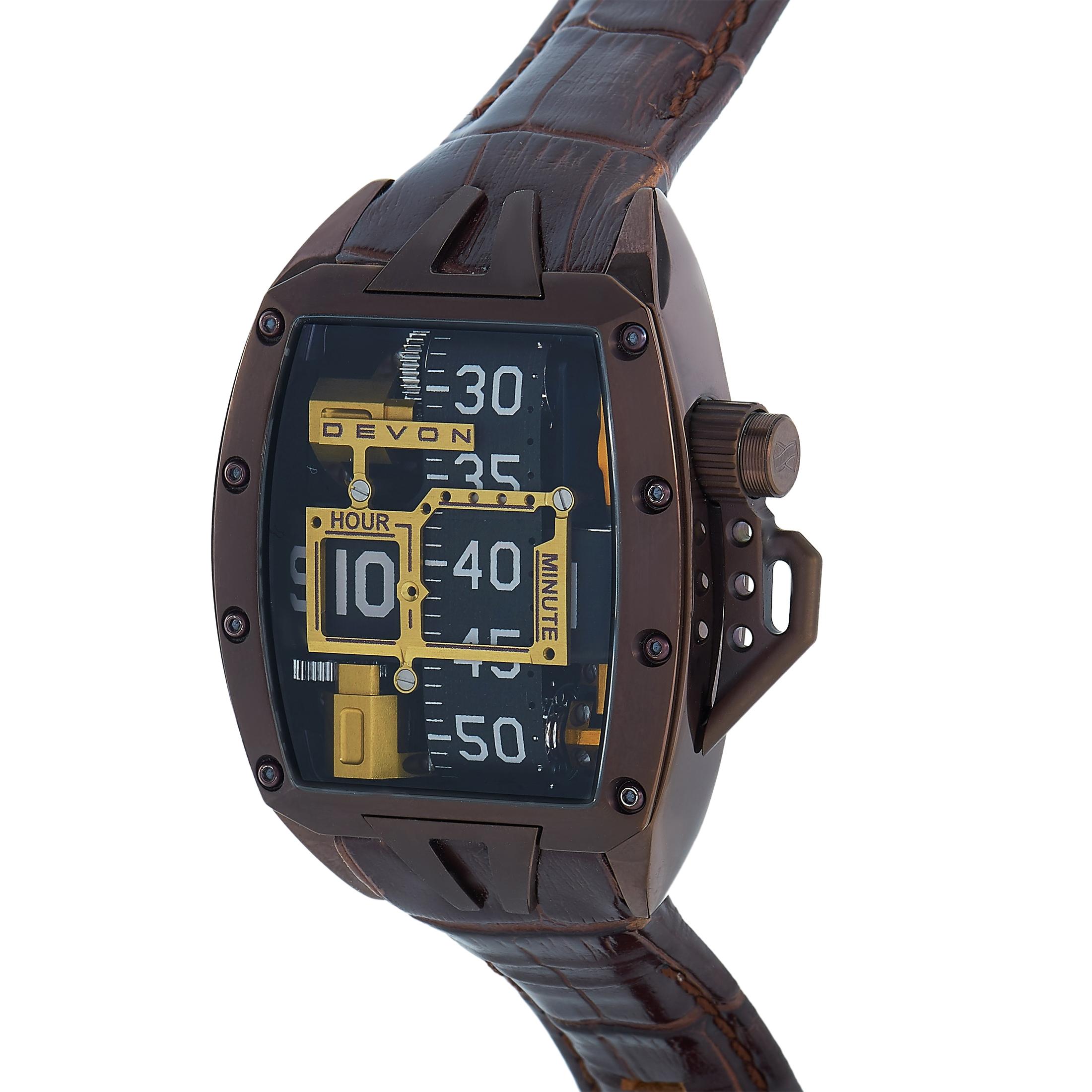 This is the Devon Tread 2 Godiva timepiece, reference number 847339004572.

The watch is presented with a chocolate brown PVD-coated stainless steel case that is water-resistant to 10 meters. The case is mounted onto a brown leather strap fitted