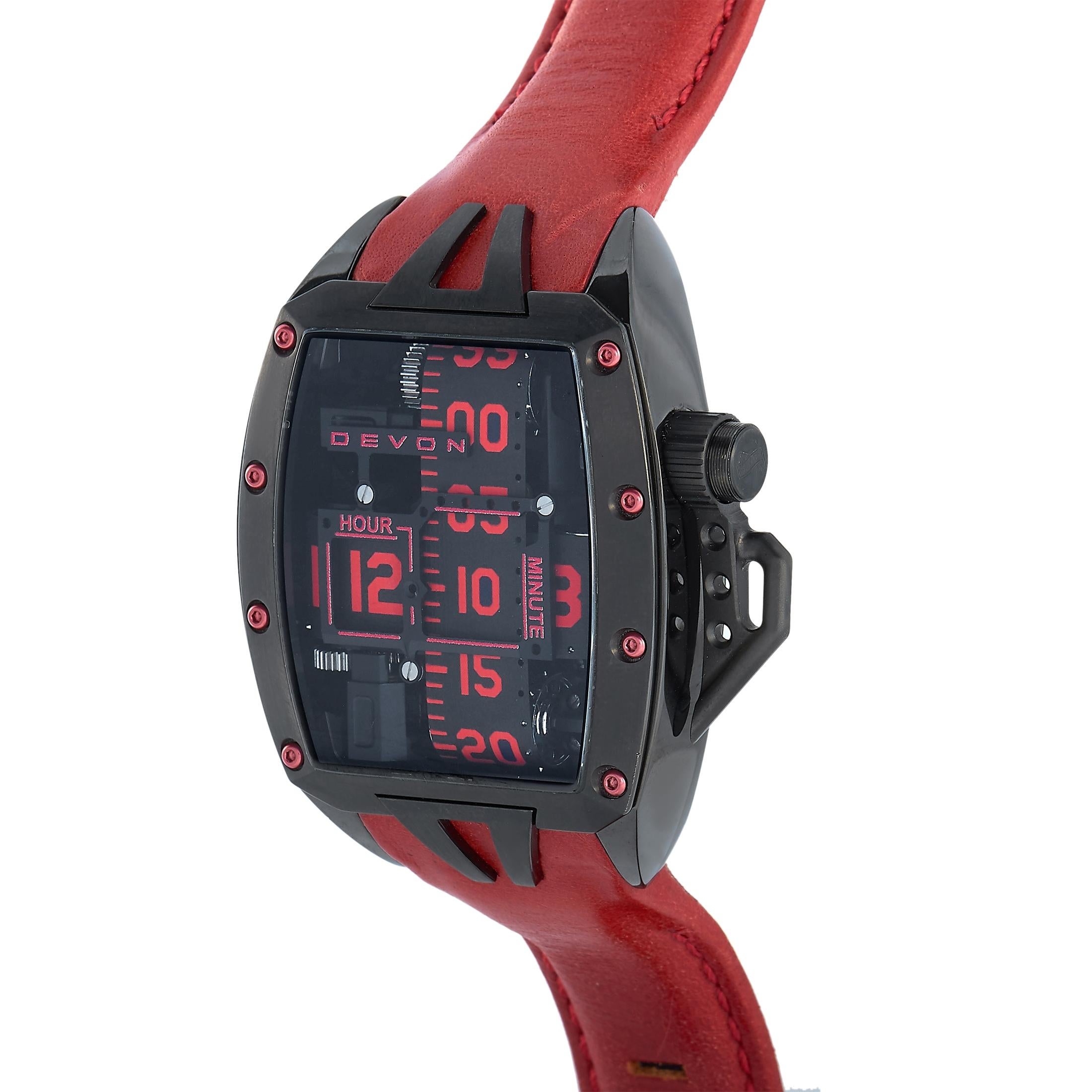 This is the Devon Tread 2 Murder timepiece, reference number 847339004473.

The watch is presented with a black DLC-coated stainless steel case with red accents that features “REDRUM” on the back – a nod to the famous plot device from Stephen King's