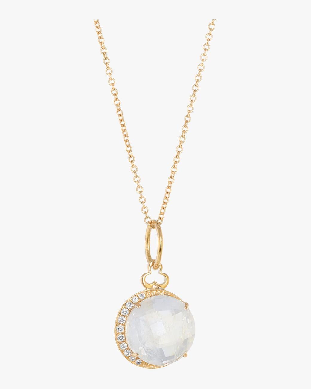 A delicate faceted moonstone charm surrounded on one side by graduated diamonds. Wear alone, layer with other necklaces or add to a locket chain. 18K Yellow Gold with a 10mm moonstone and Diamonds. The chain is 14k Yellow Gold with a length of 16”.