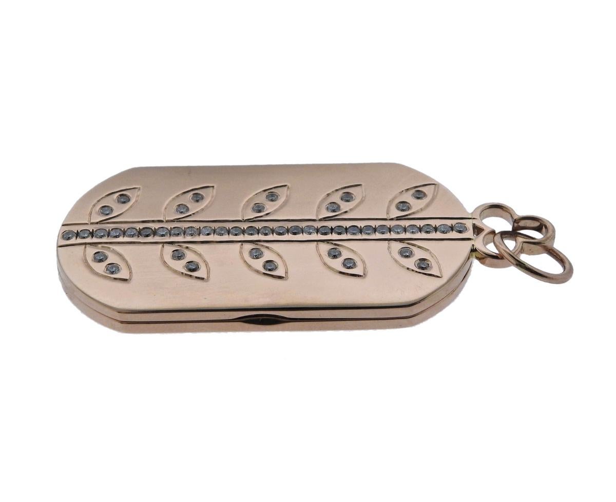 18k rose gold Vine dog tag pendant, adorned with approx. 0.47ctw in diamonds. Retail $7200.   Pendant is 52mm long with bale x 22mm, weighs 18.1 grams. Marked: 750.