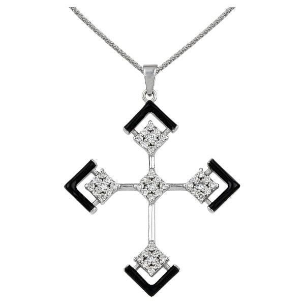 Devotion Gold Cross Necklace with Diamonds and Black Enamel For Sale