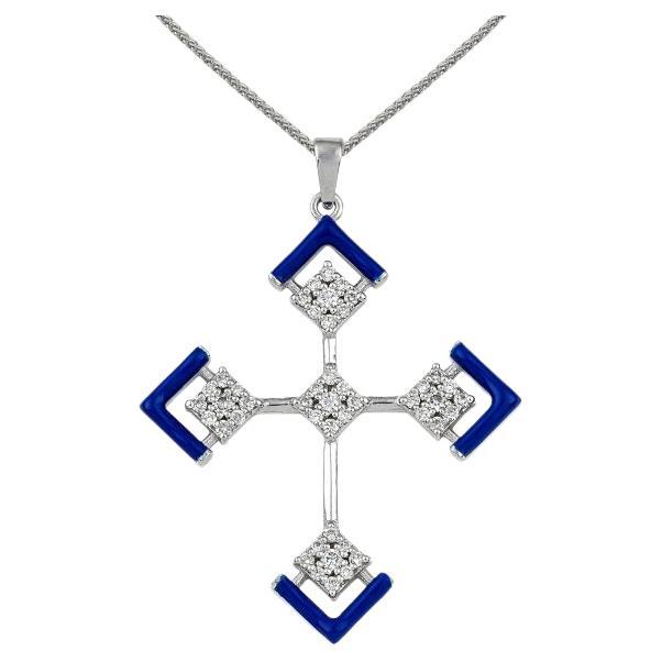 Devotion Gold Cross Necklace with Diamonds and Navy Enamel For Sale