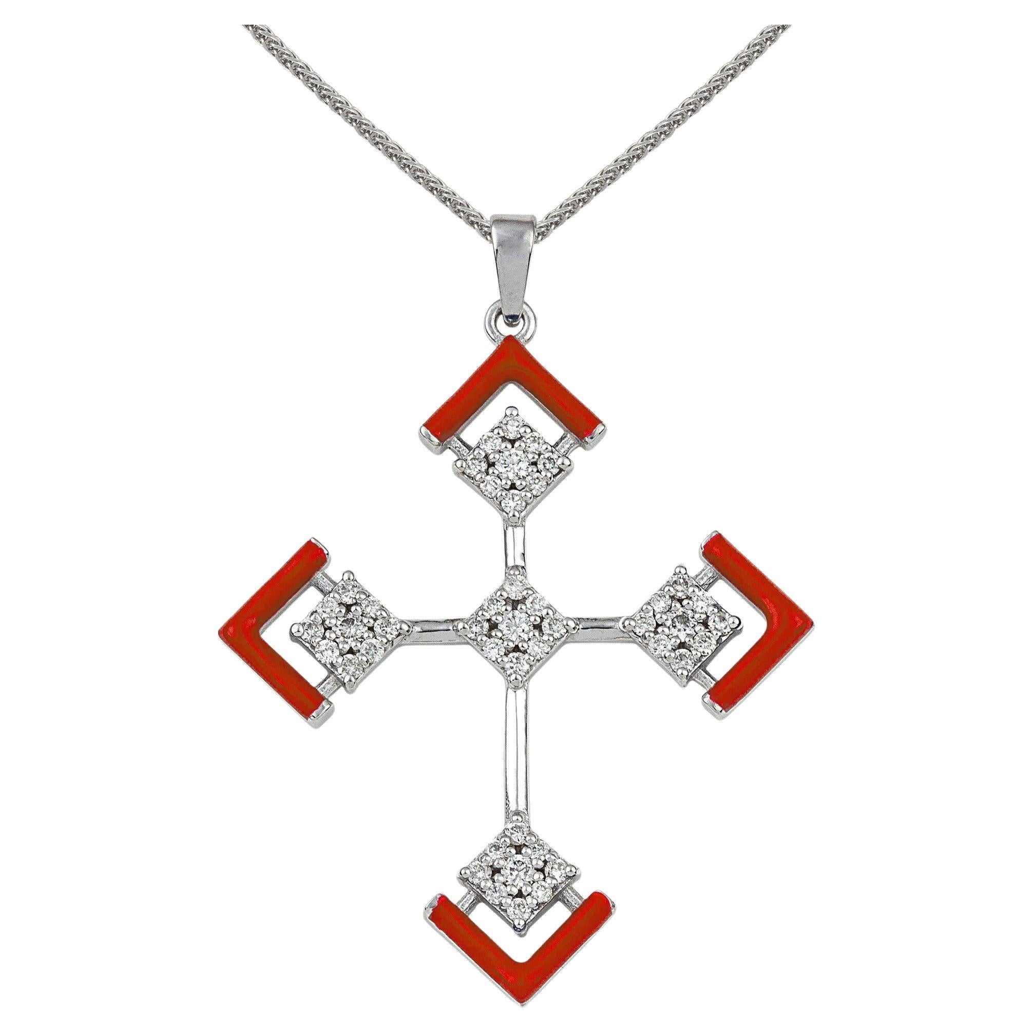 Devotion Goldkreuz-Halskette mit Diamanten und roter Emaille im Angebot