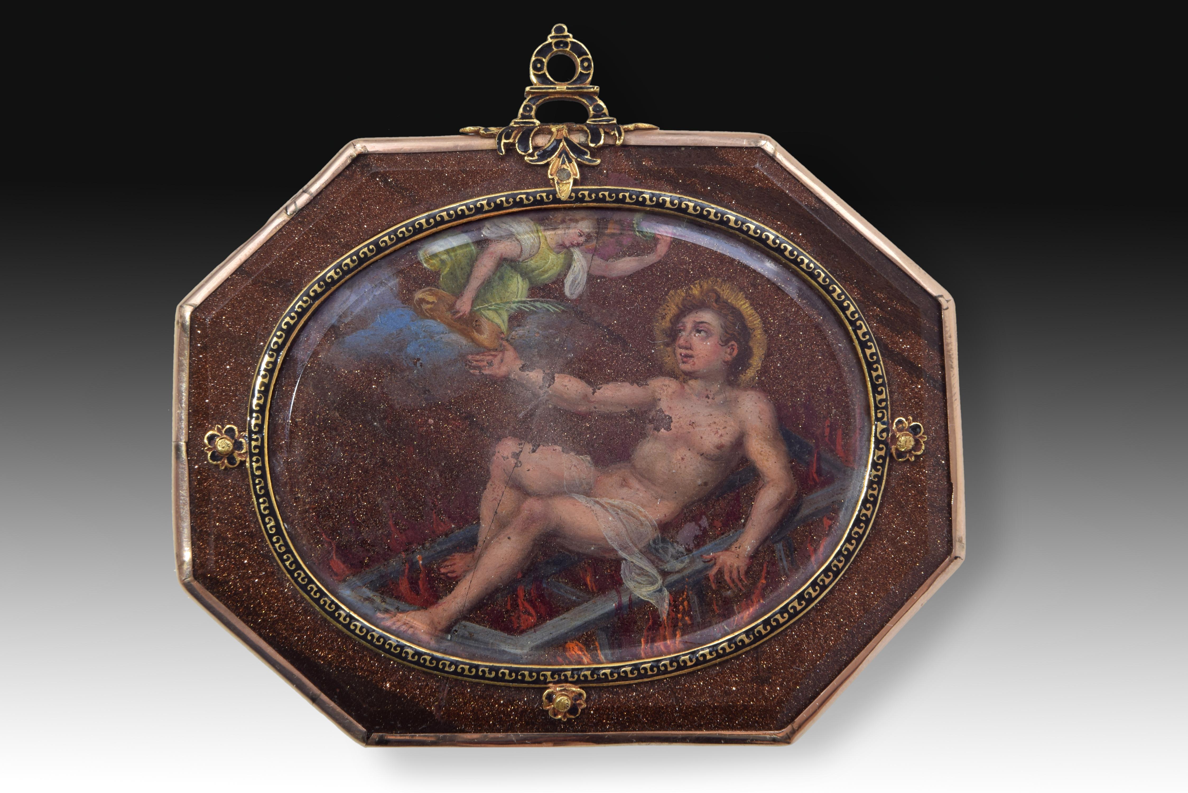 Devotional pendant or reliquary. Oil painting on aventurine, enamel, gold. Spain, 17th century.
Medallion or devotional pendant or reliquary made of aventurine or aventurine with an octagonal shape and faceted fronts, enhanced with a series of