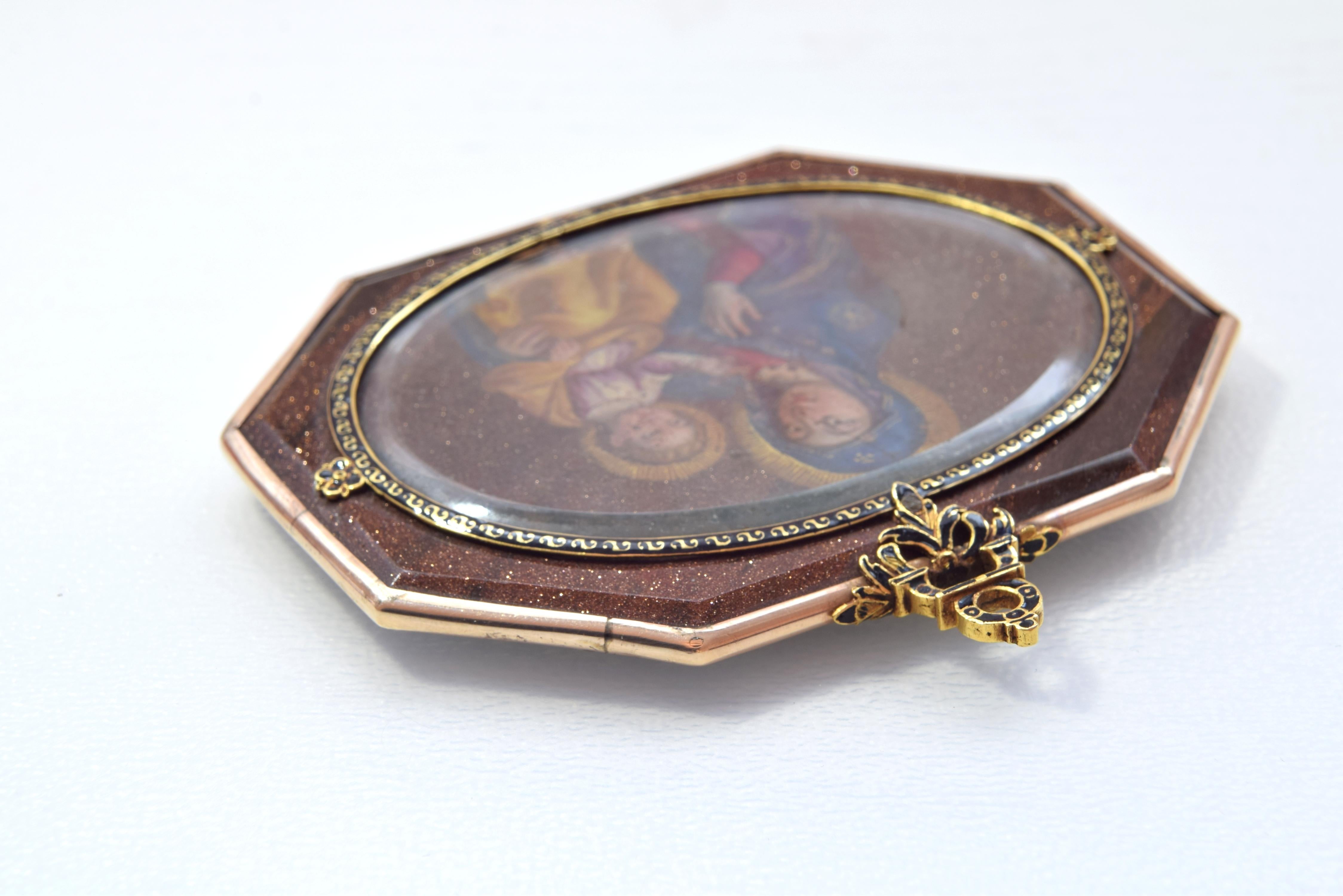 Baroque Devotional Pendant, Oil on Aventurine, Gold, Enamel, Spain, 17th Century For Sale
