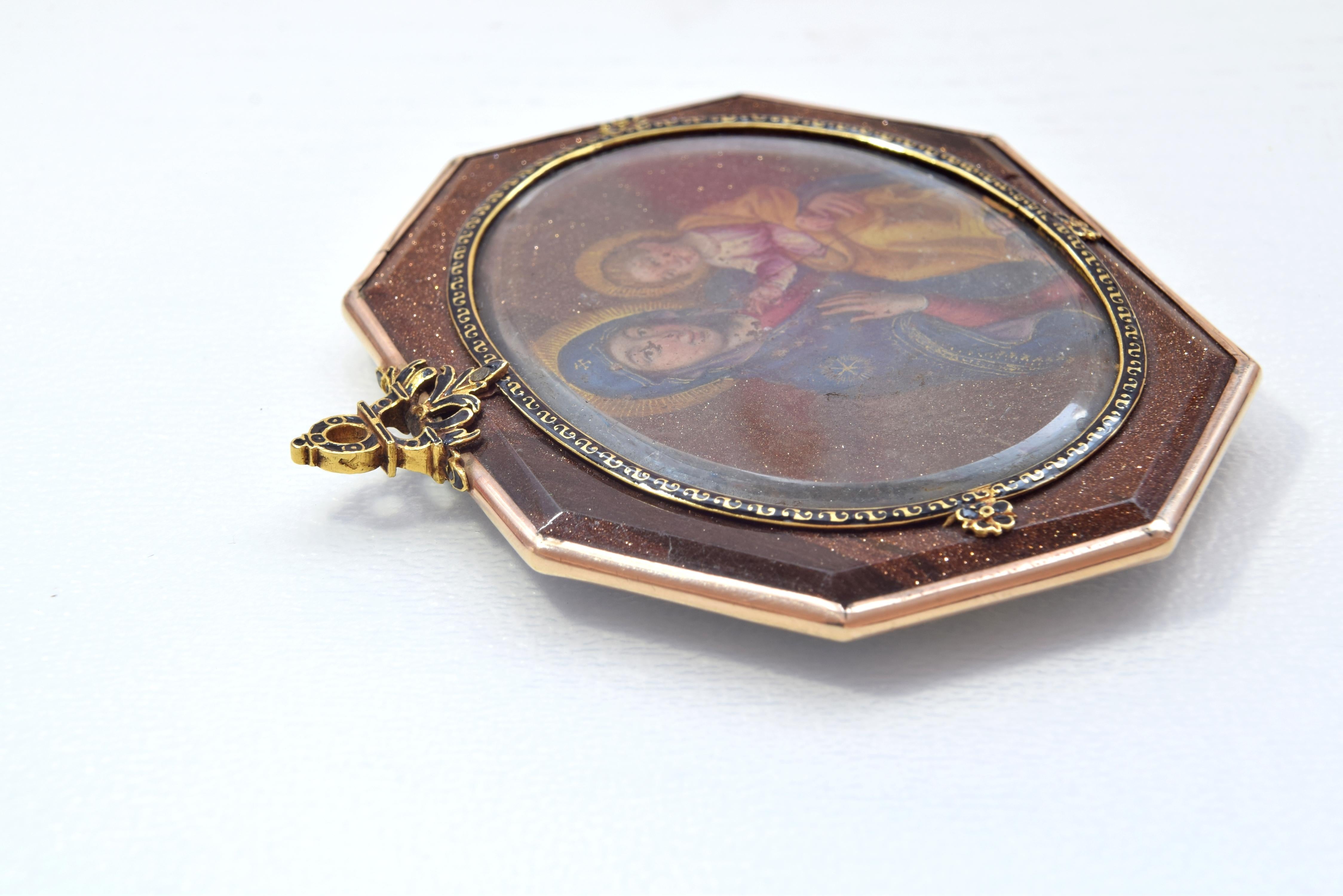 Spanish Devotional Pendant, Oil on Aventurine, Gold, Enamel, Spain, 17th Century For Sale