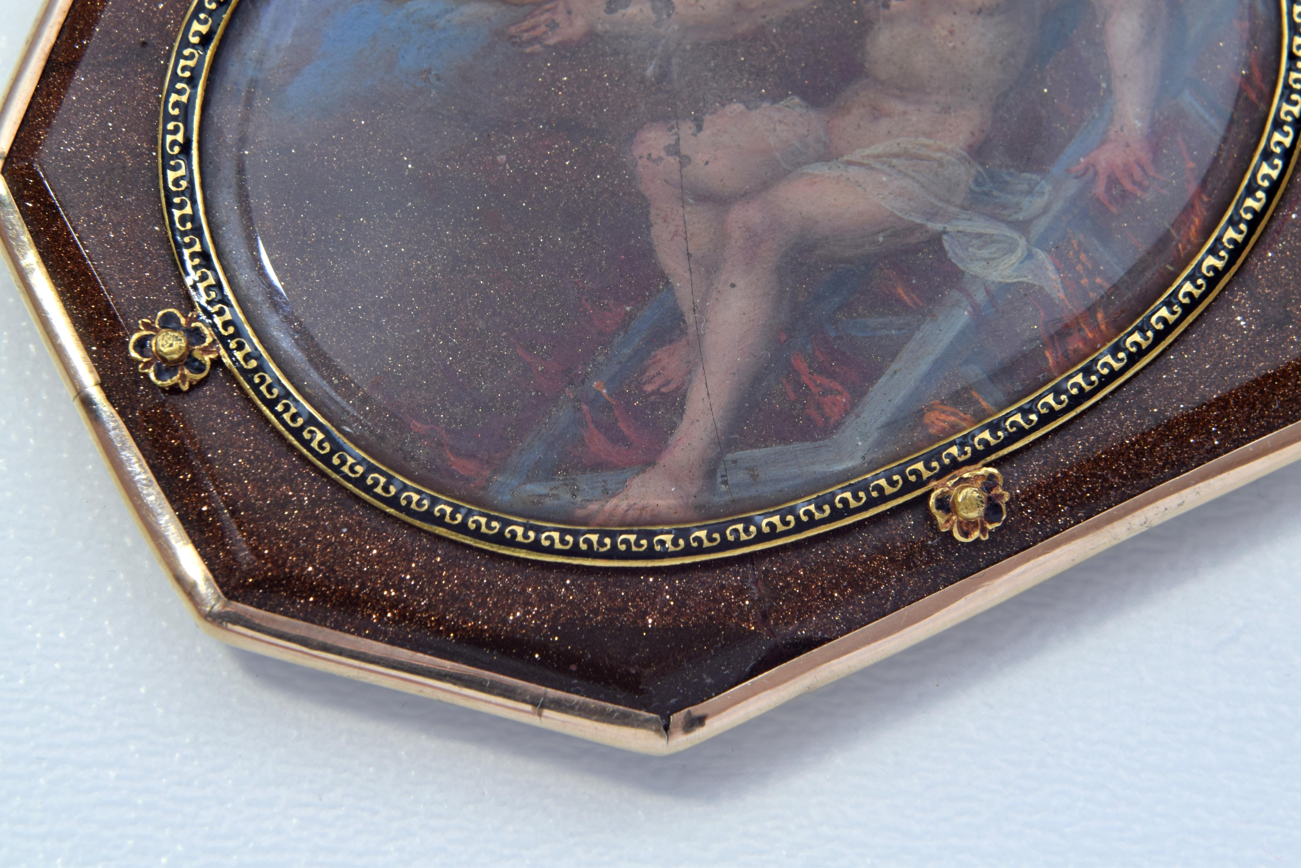 18th Century and Earlier Devotional Pendant, Oil on Aventurine, Gold, Enamel, Spain, 17th Century For Sale