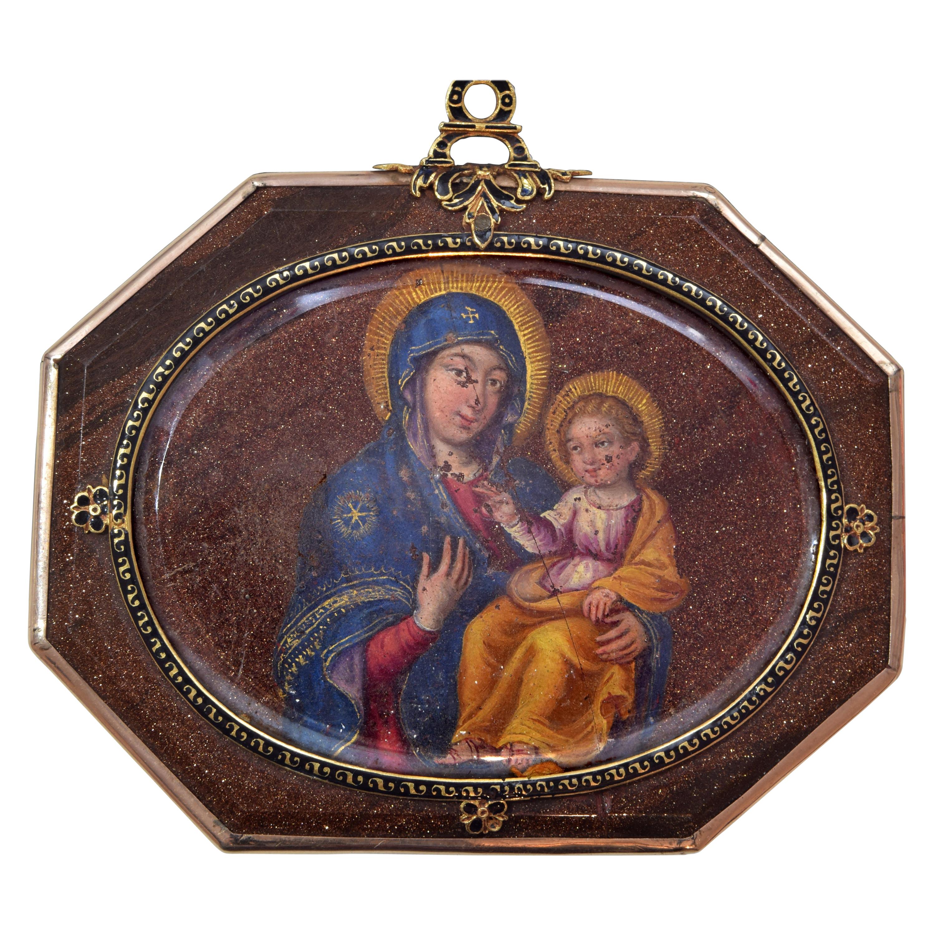 Devotional Pendant, Oil on Aventurine, Gold, Enamel, Spain, 17th Century For Sale