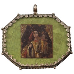 Antique Devotional Pendant or Medal, Painting on Copper, Silver, Glass, 17th Century