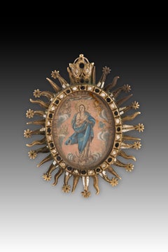 Devotional pendant; Our Lady of the Gate. Bronze, enamel, glass, etc.
