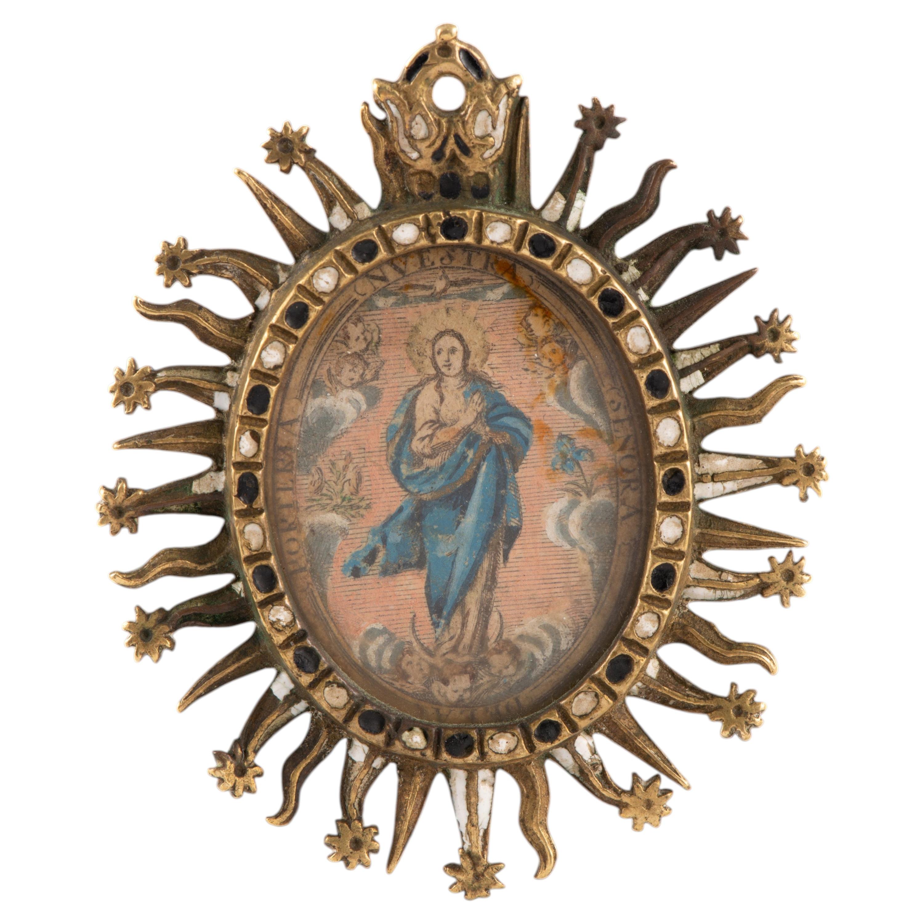 Devotional pendant; Our Lady of the Gate. Bronze, enamel, glass, etc.