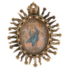 Devotional pendant; Our Lady of the Gate. Bronze, enamel, glass, etc.