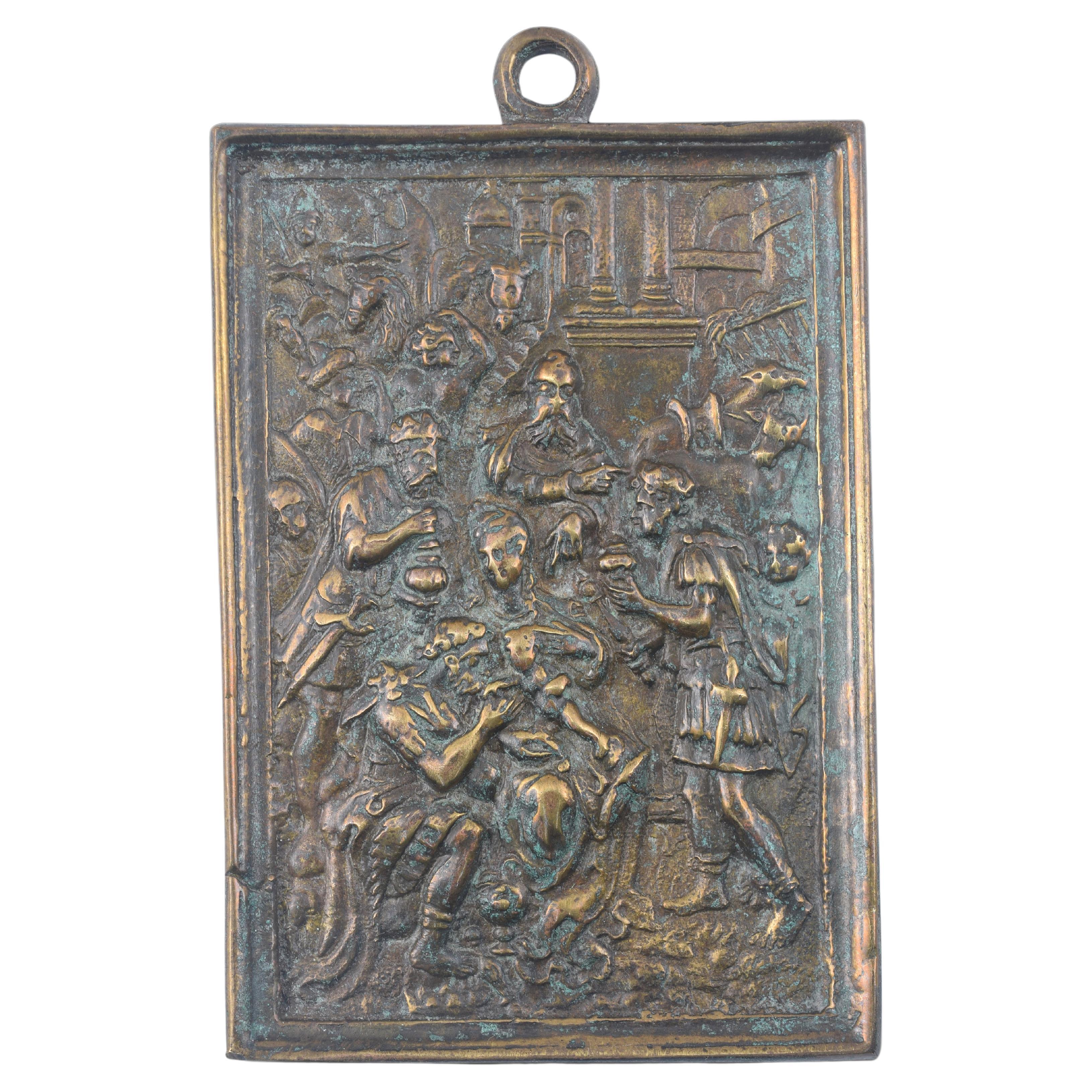 Plaque dévotionnelle, Adoration des mages Bronze. École espagnole, 17e siècle.
