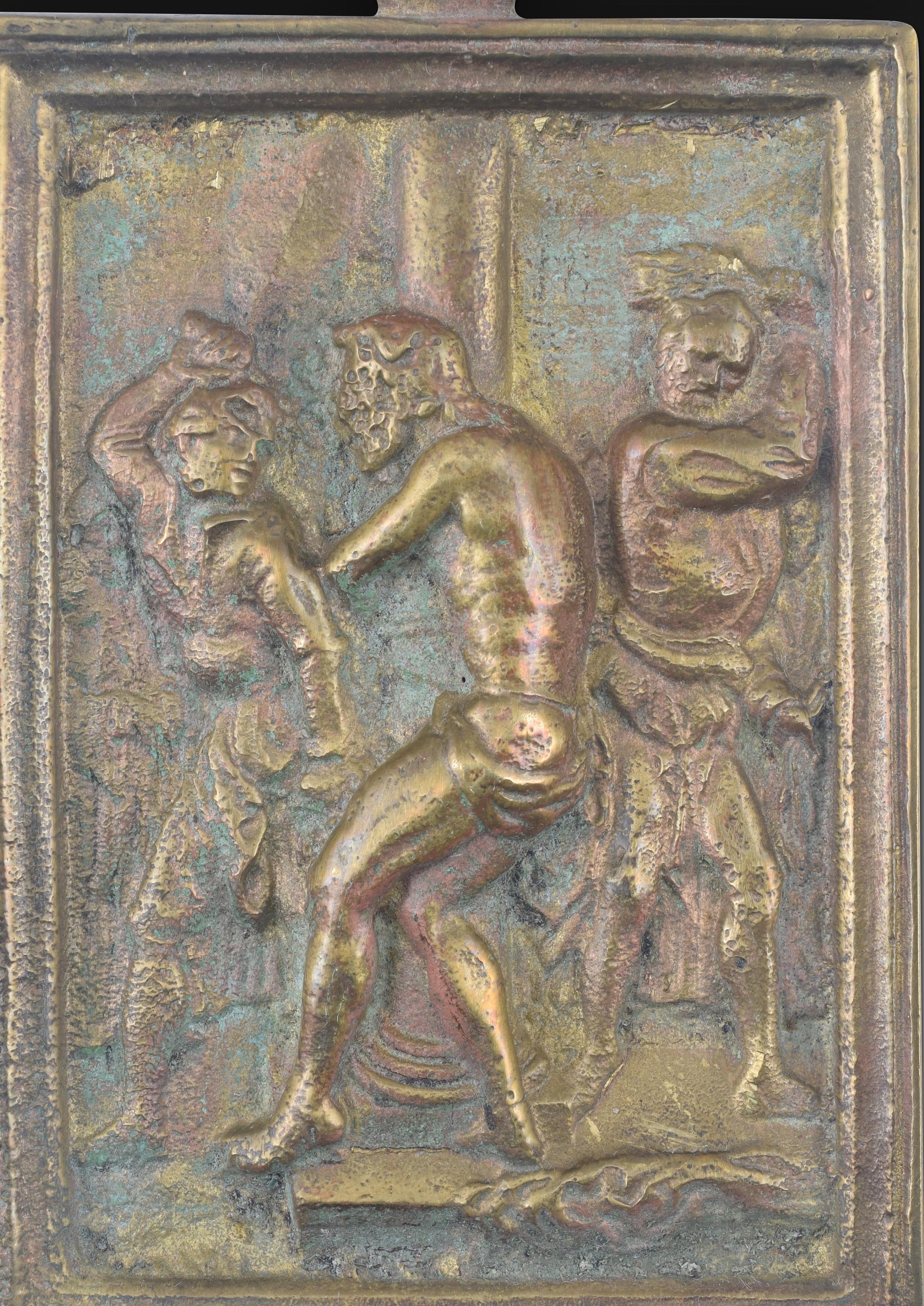 Devotional plaque, Flagellation. Bronze. Spanish school, 19th c., after Dürer. In Fair Condition In Madrid, ES