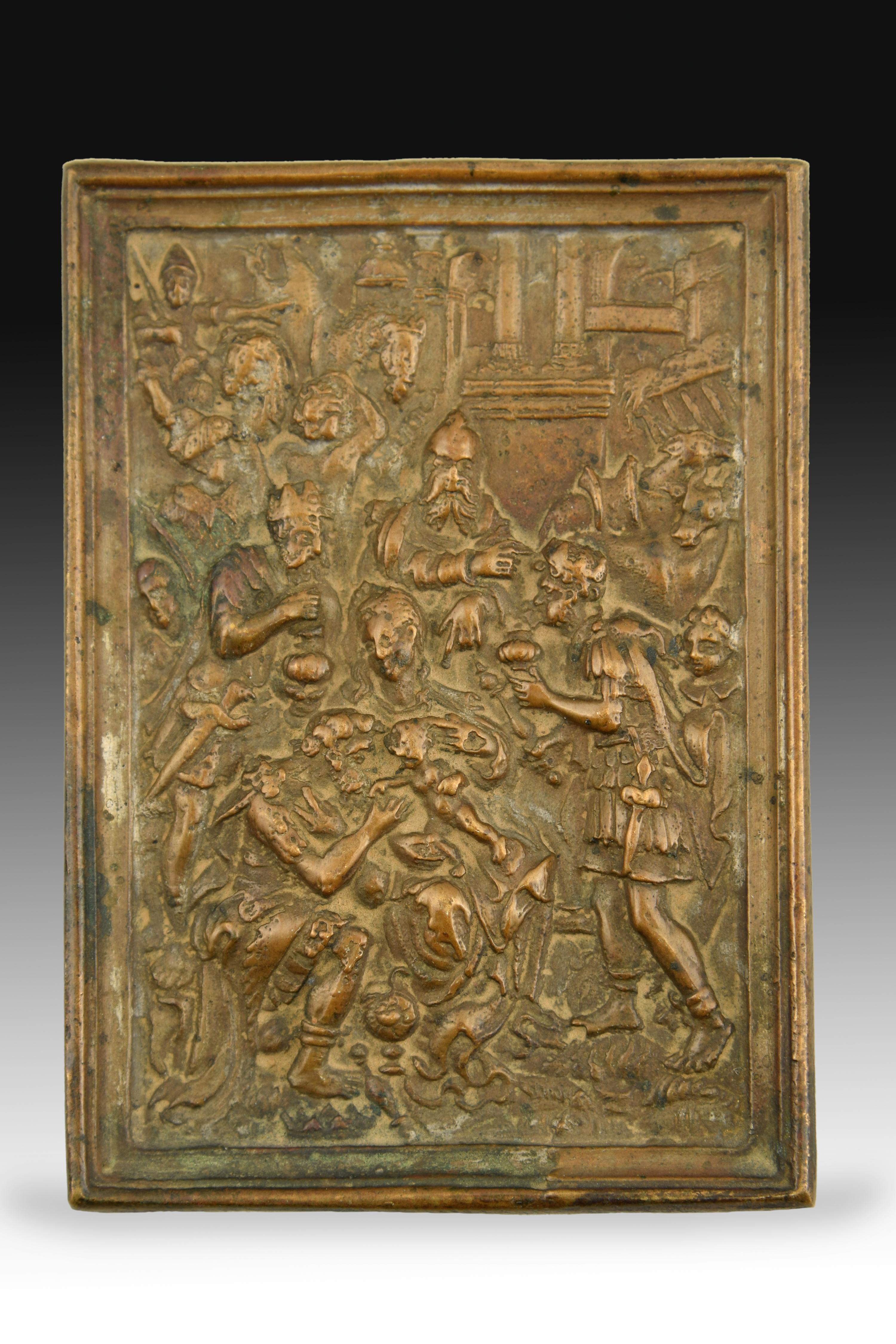 Devotional plaque, Birth of Christ. Bronze. Spain, 16th-17th centuries.
Rectangular devotional plate made of bronze, which presents the scene of the Birth of Jesus in relief. The Virgin Mary has the Child standing on her knees in the foreground,