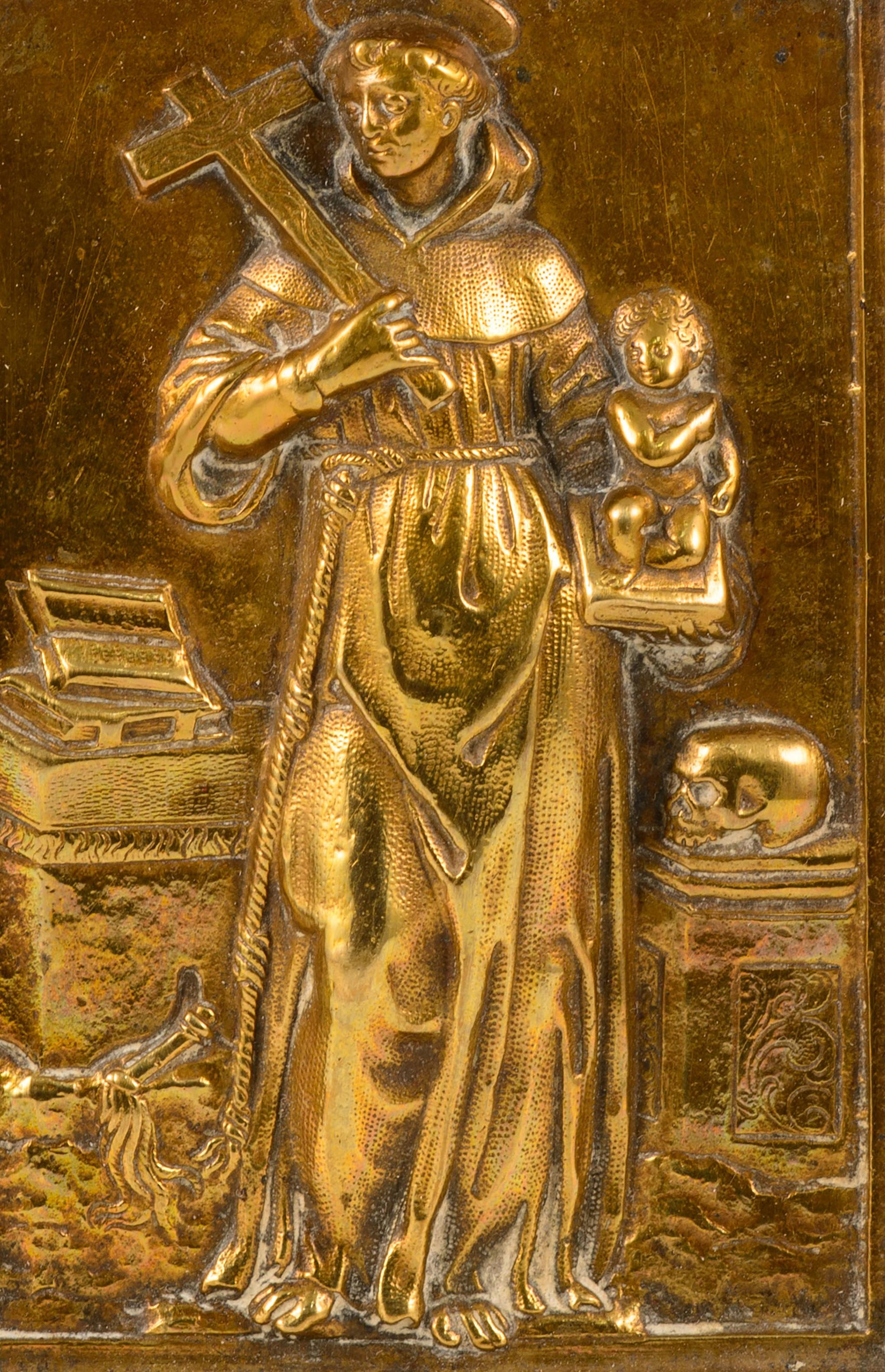 Spagnolo Targa devozionale, Sant'Antonio di Padova. Bronzo. Spanish School, XVII secolo. in vendita