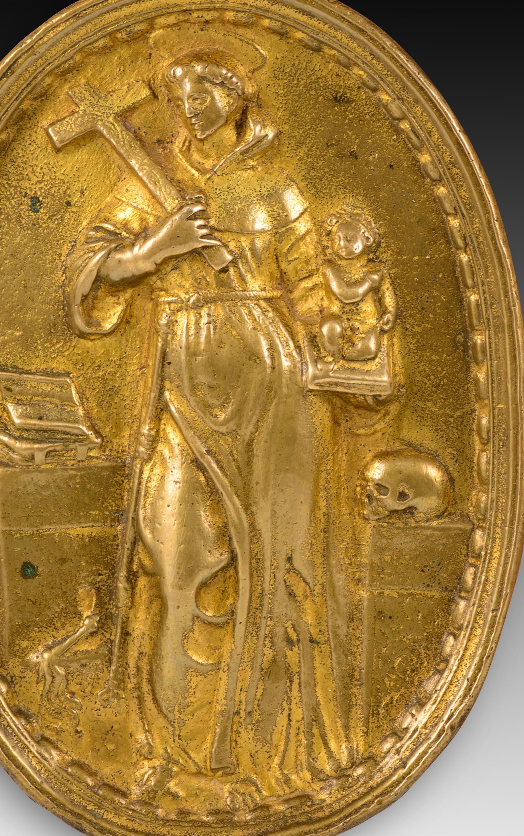 Spagnolo Targa devozionale, Sant'Antonio di Padova. Bronzo. Spanish School, XVII secolo. in vendita