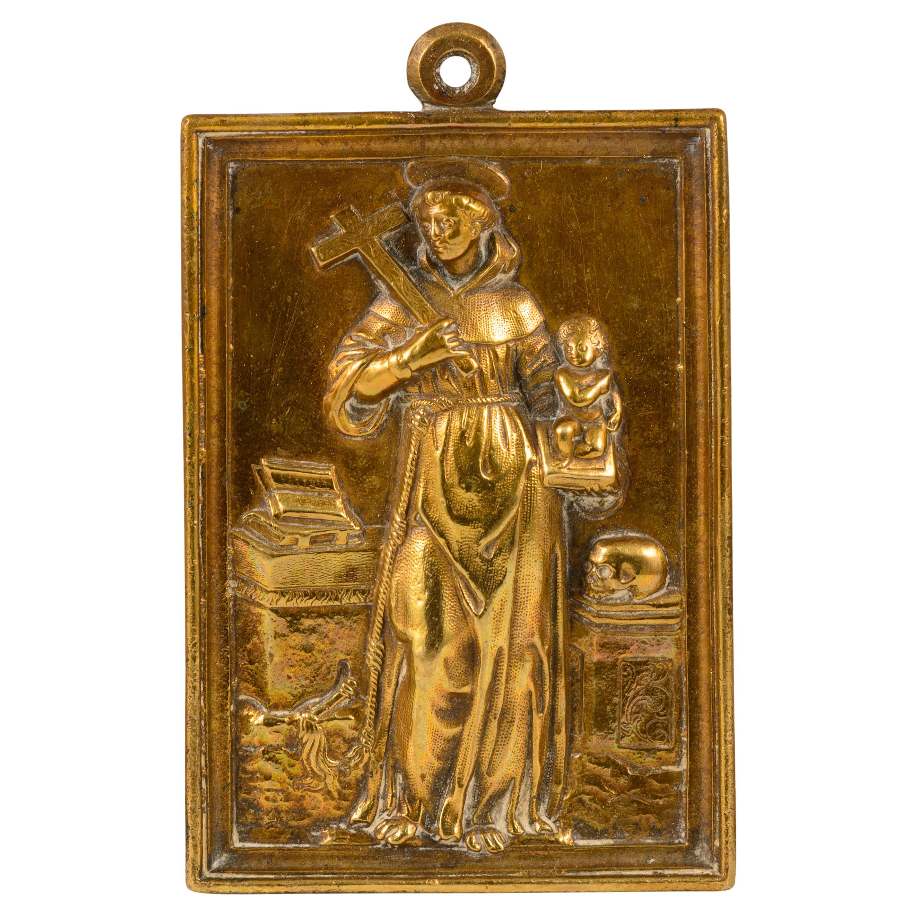 Targa devozionale, Sant'Antonio di Padova. Bronzo. Spanish School, XVII secolo.