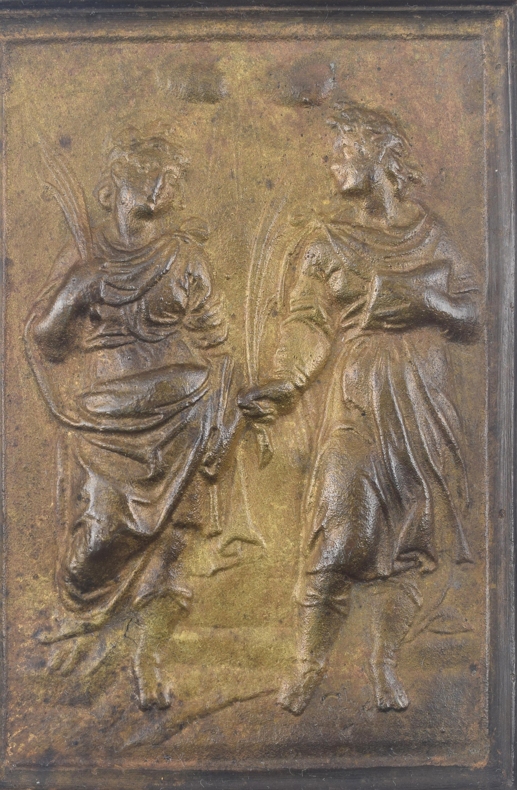 Neoclassical Revival Devotional plaque, Saints Justus and Pastor. Bronze. Spanish school, 19th c. For Sale