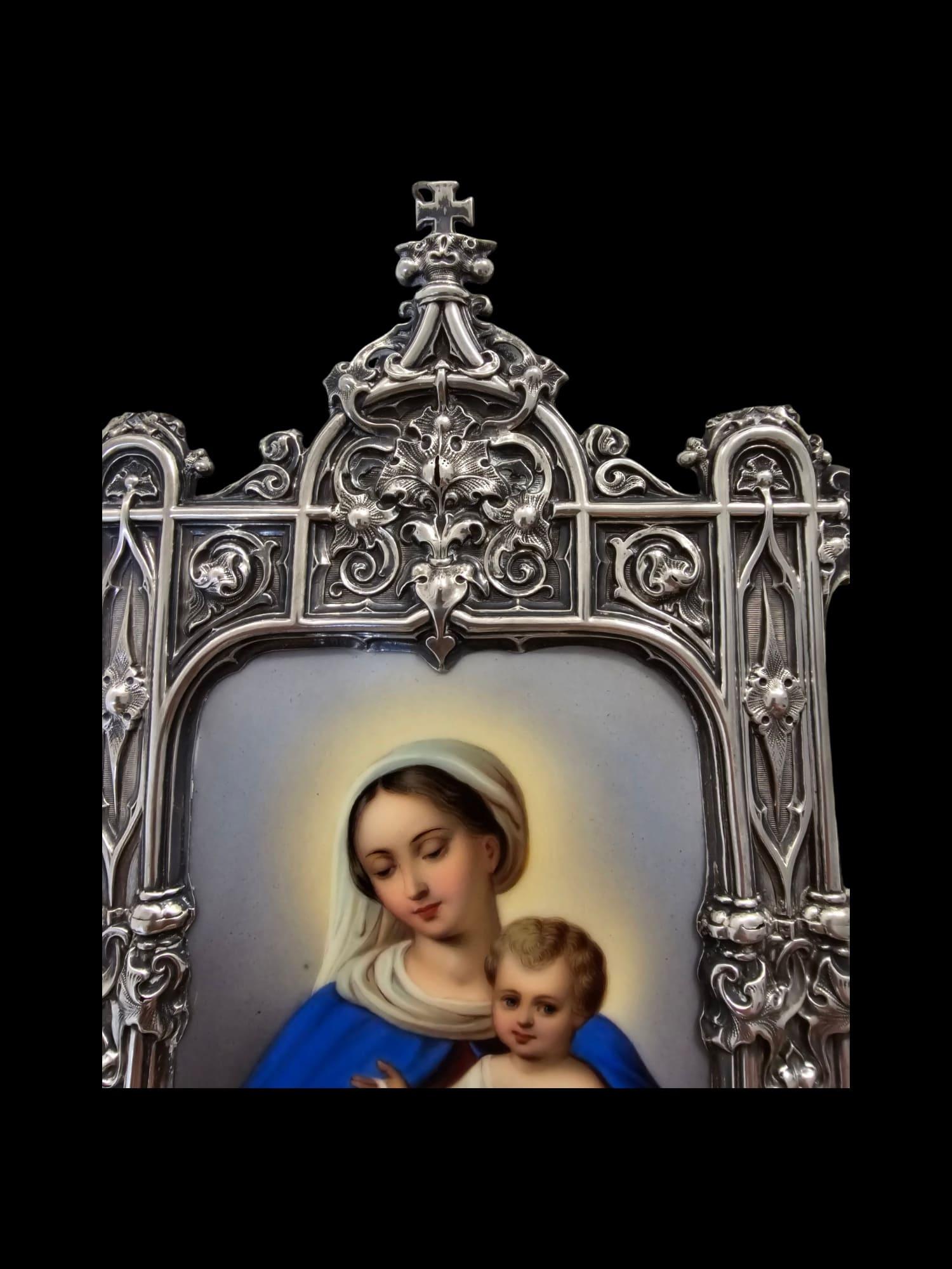 Devotionale Plakette der Jungfrau und des Kindes in Emaille und Silberbeschlägen. Frankreich im Angebot 7
