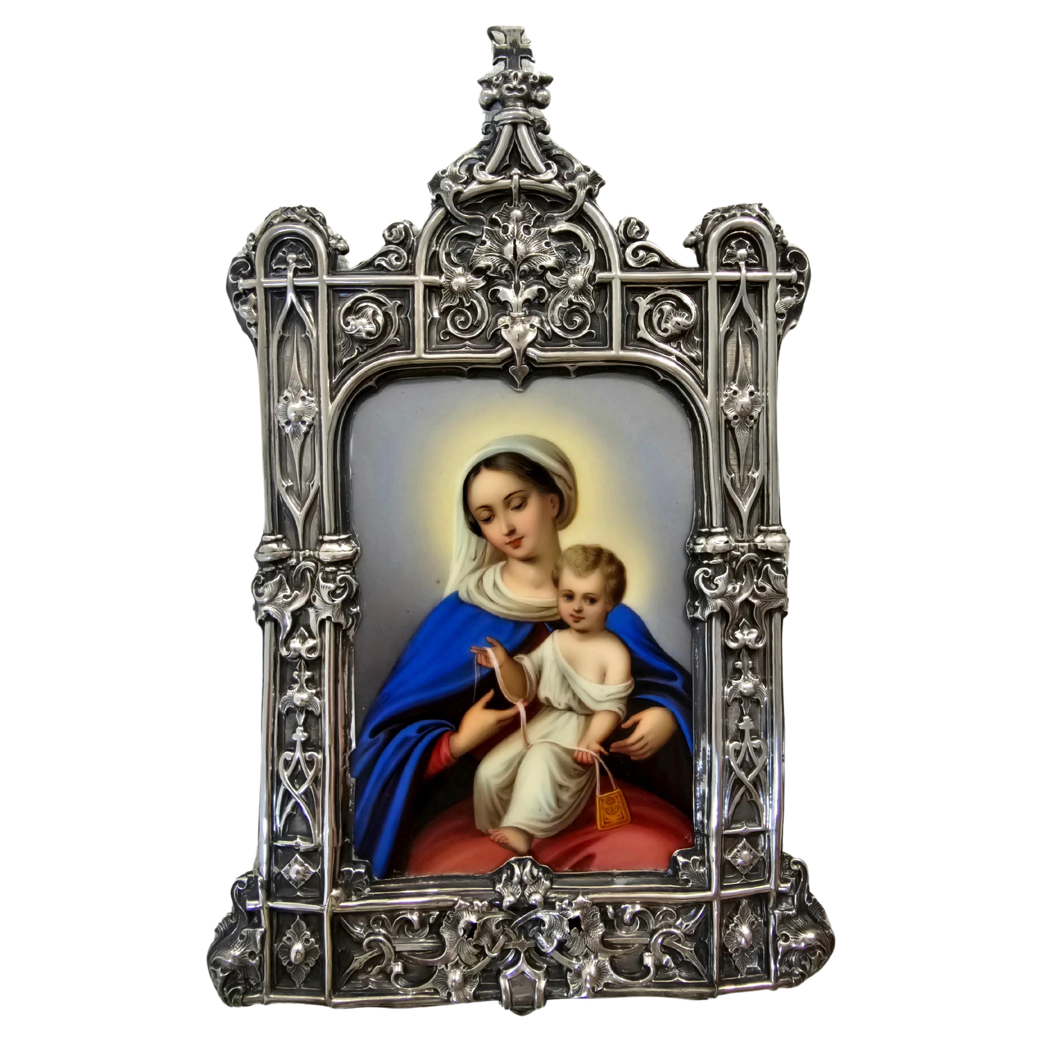 Devotional Plaque to the Virgin and Child In Enamel And Silver Mount. France For Sale