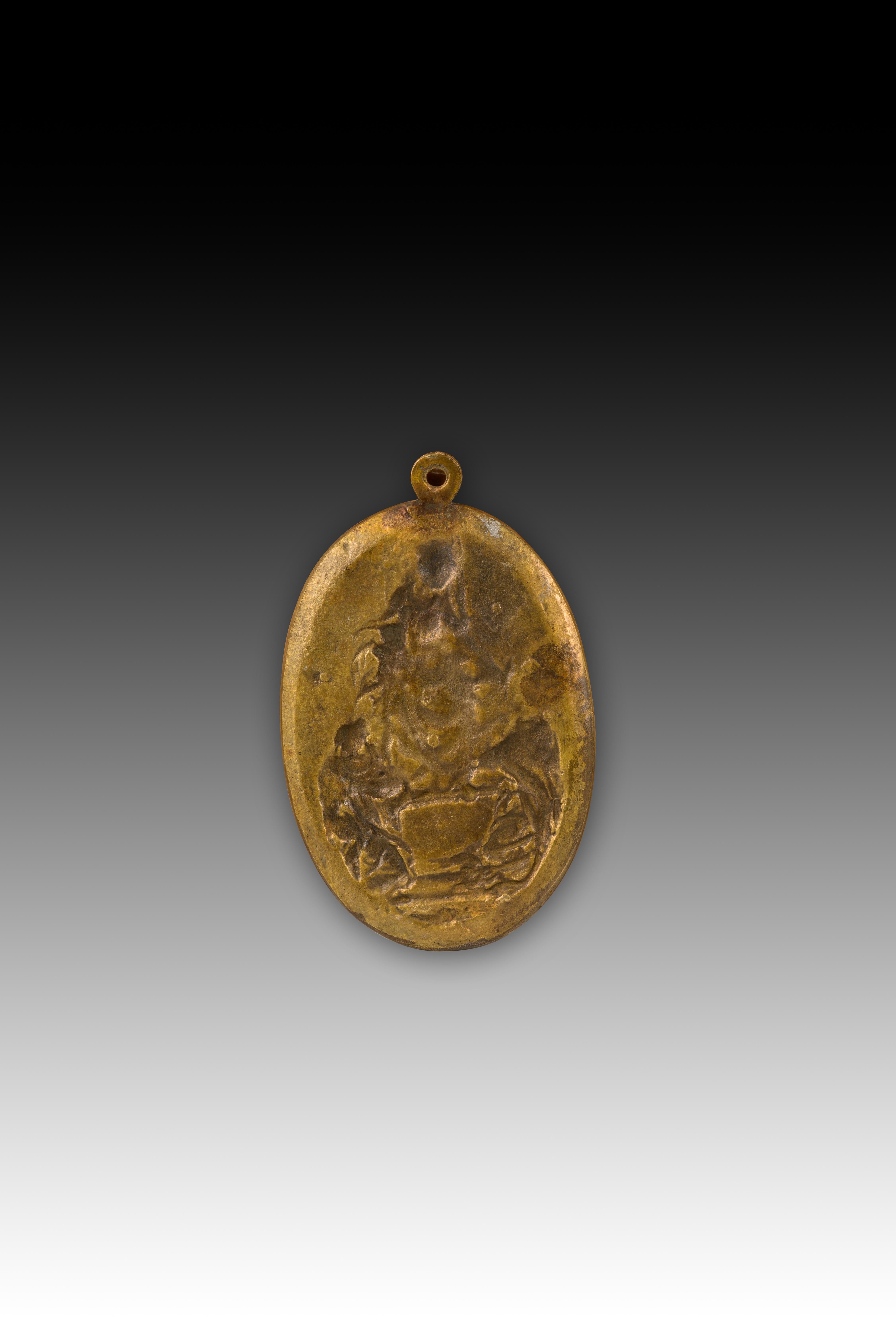 Baroque Plaque de dévotion, Vierge du Rosaire et Saints. Bronze. A.I.C., XVIIe-XVIIIe siècles. en vente