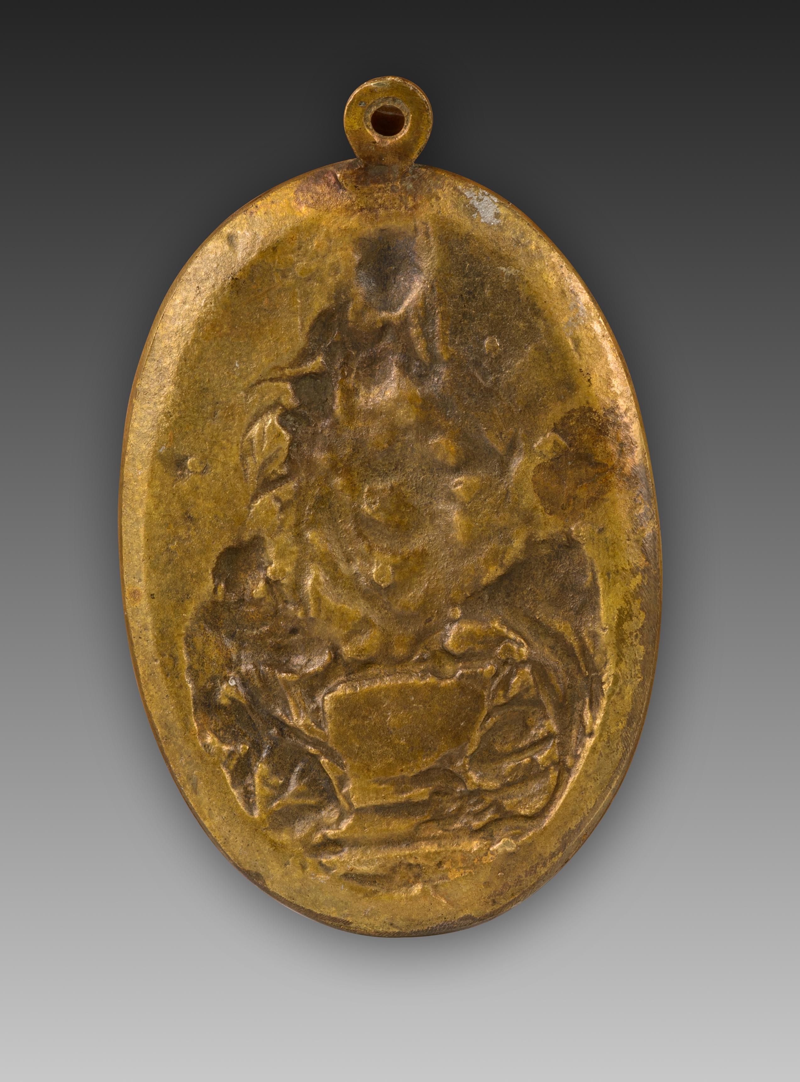 Plaque de dévotion, Vierge du Rosaire et Saints. Bronze. A.I.C., XVIIe-XVIIIe siècles. État moyen - En vente à Madrid, ES