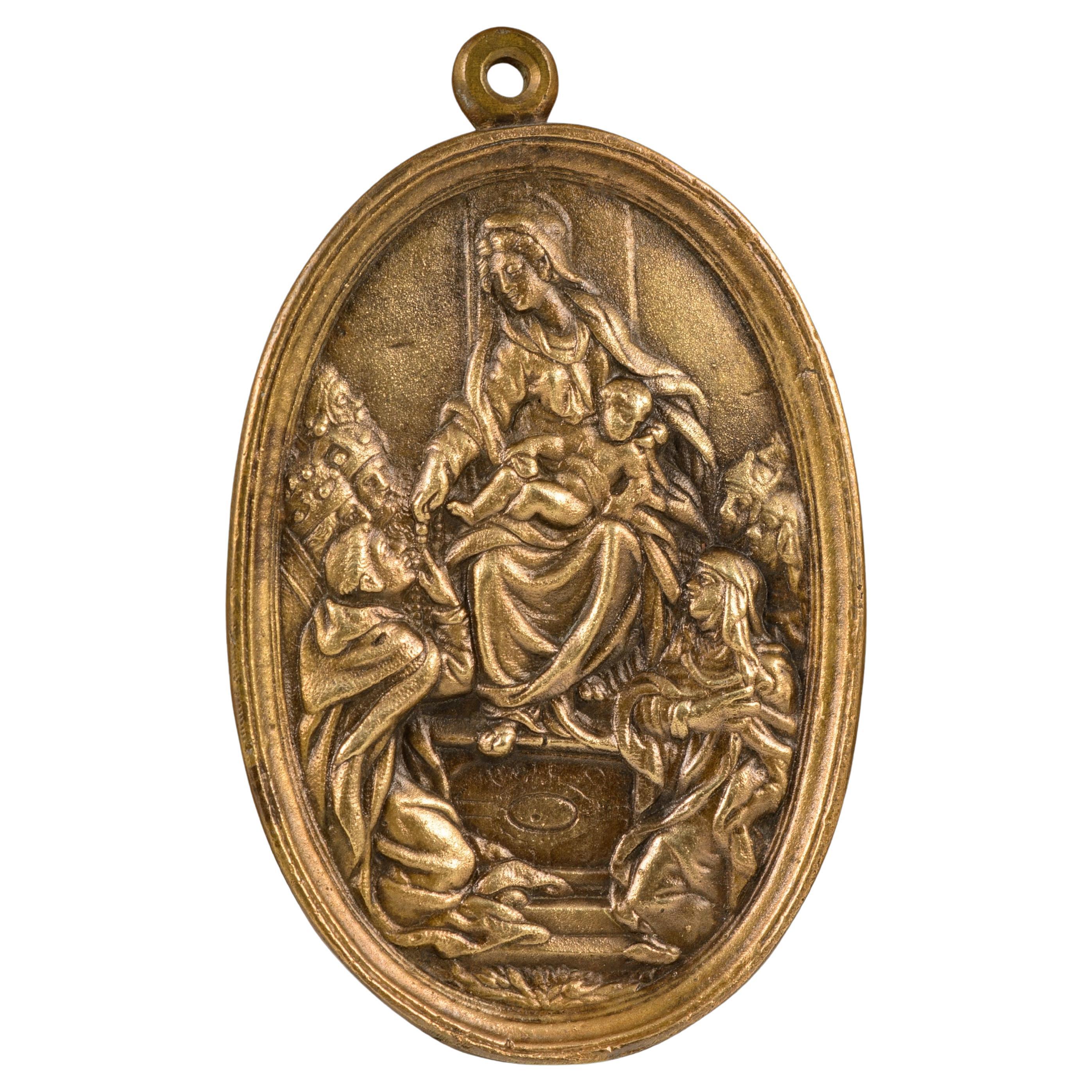 Plaque de dévotion, Vierge du Rosaire et Saints. Bronze. A.I.C., XVIIe-XVIIIe siècles.