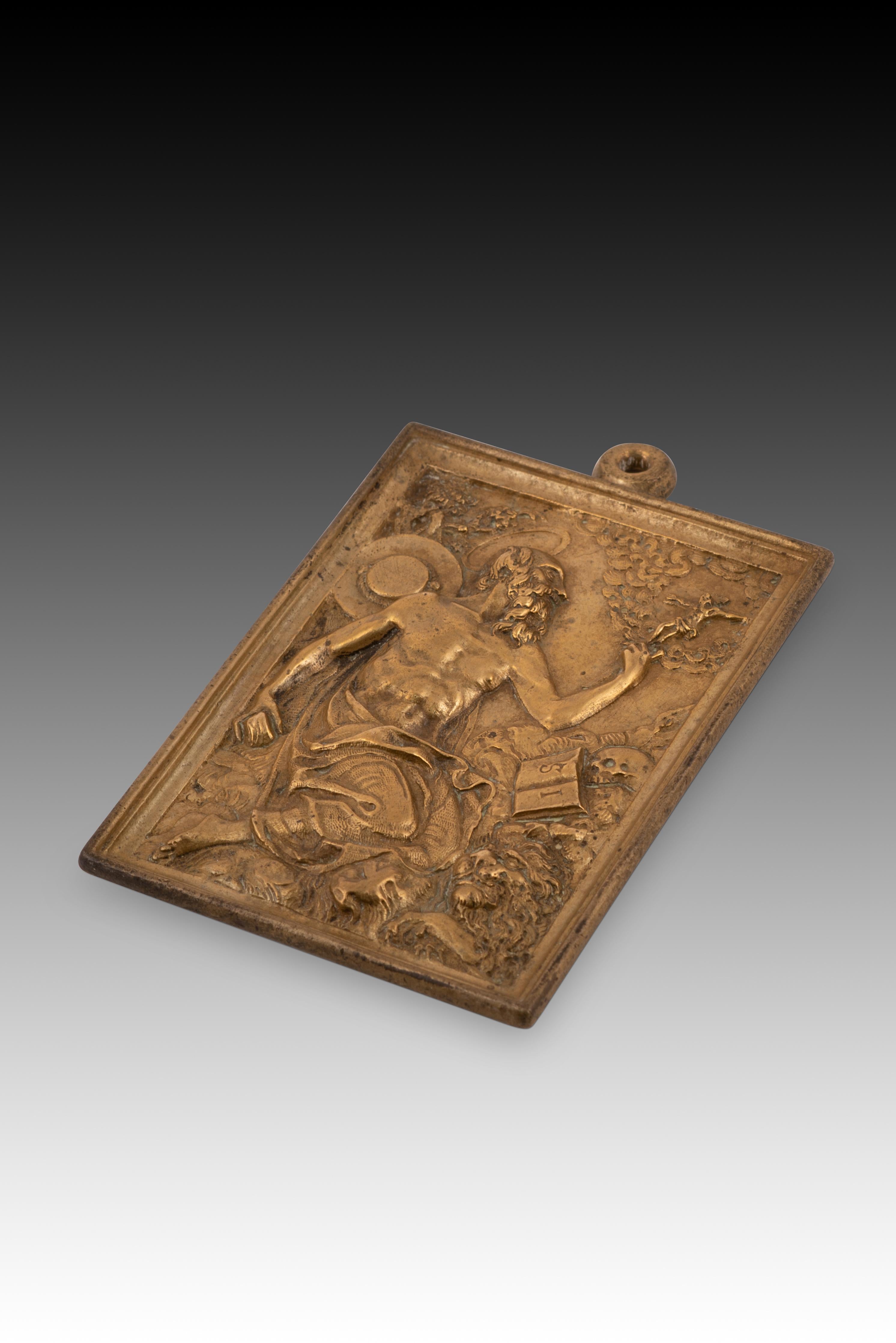Renaissance Plaque de dévotion avec Saint Jérôme. Bronze. École espagnole, 16e siècle en vente