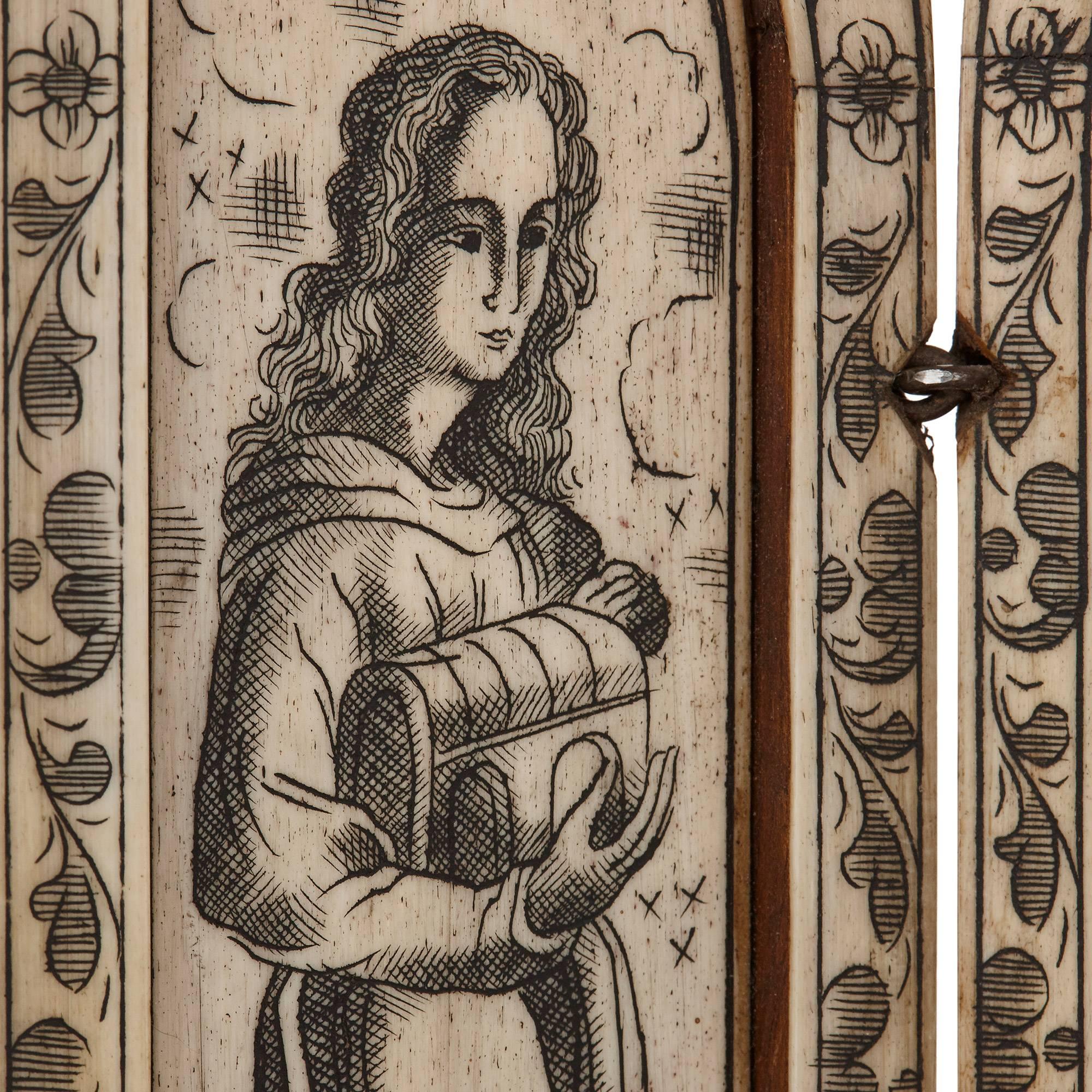 19th Century Devotional Triptych Engraved with Depictions of the Madonna For Sale