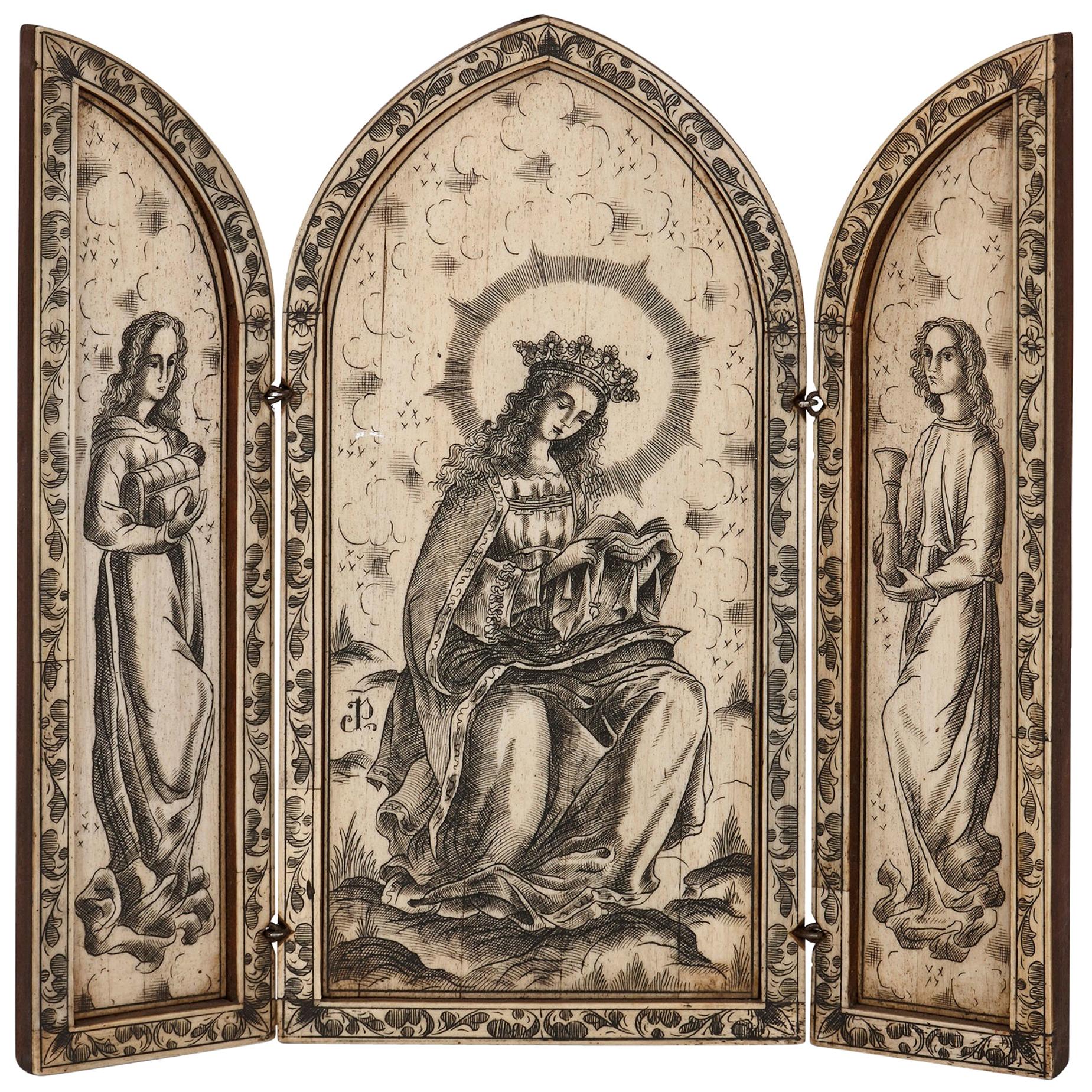 Devotional Triptych Engraved with Depictions of the Madonna For Sale