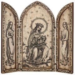 Antique Devotional Triptych Engraved with Depictions of the Madonna