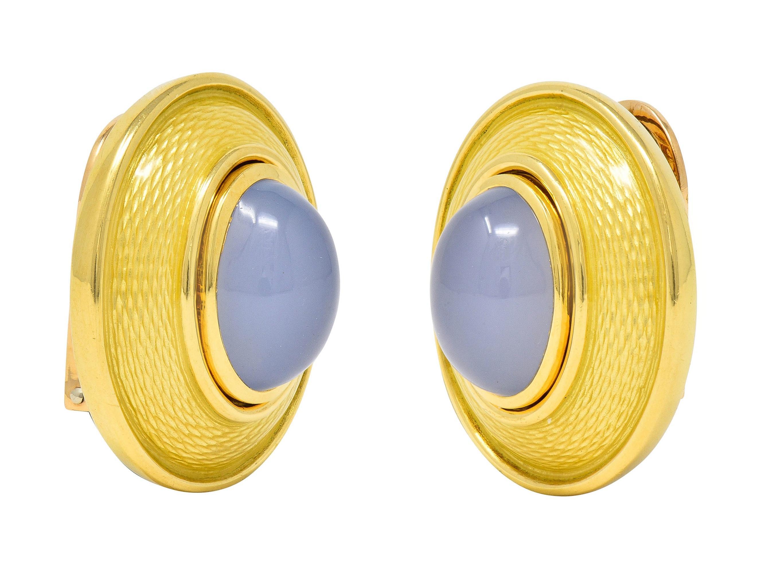 DeVroomen 1998 Blue Chalcedony Enamel 18K Yellow Gold Vintage Ear Clip Earrings For Sale 5