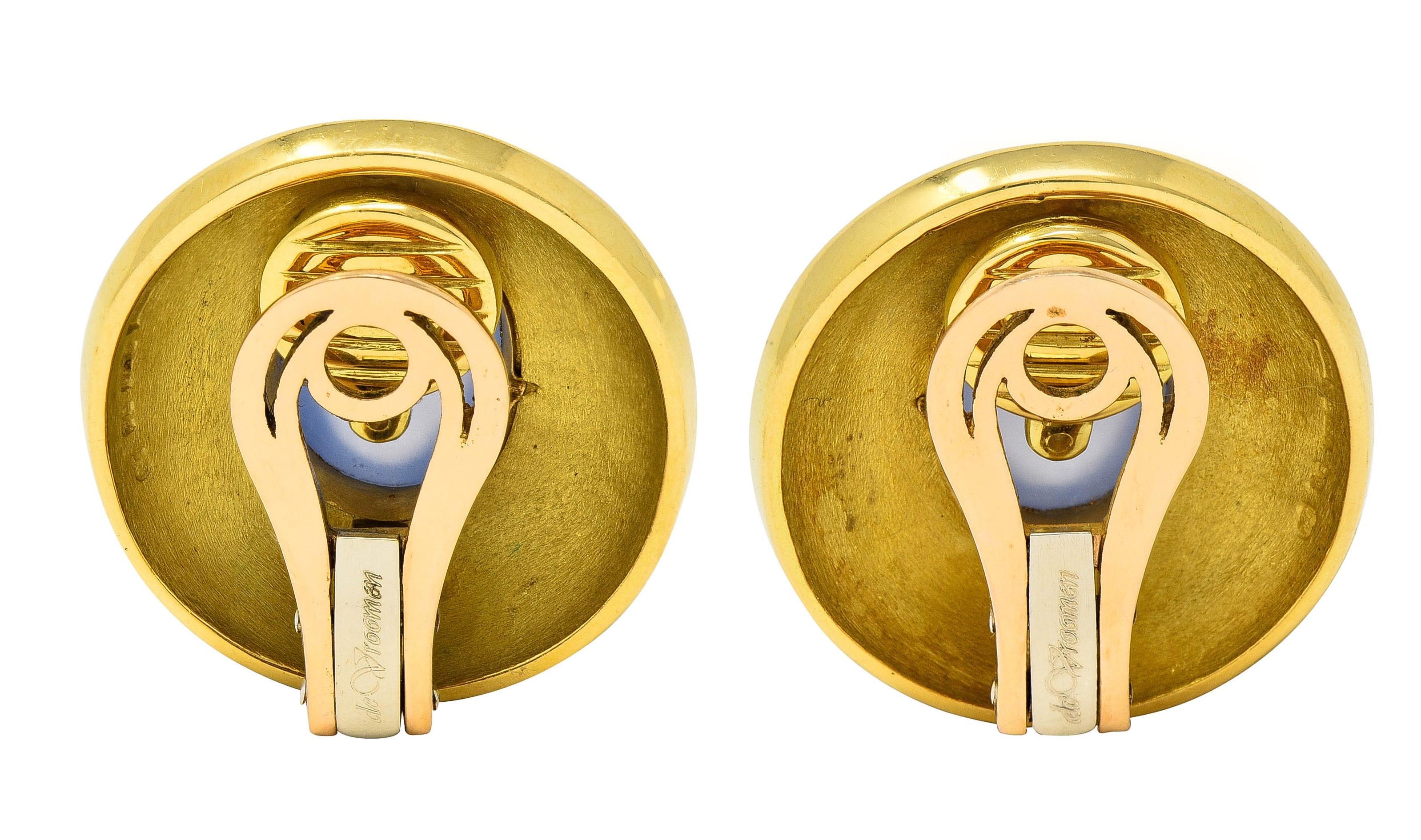DeVroomen 1998 Blue Chalcedony Enamel 18K Yellow Gold Vintage Ear Clip Earrings In Excellent Condition For Sale In Philadelphia, PA