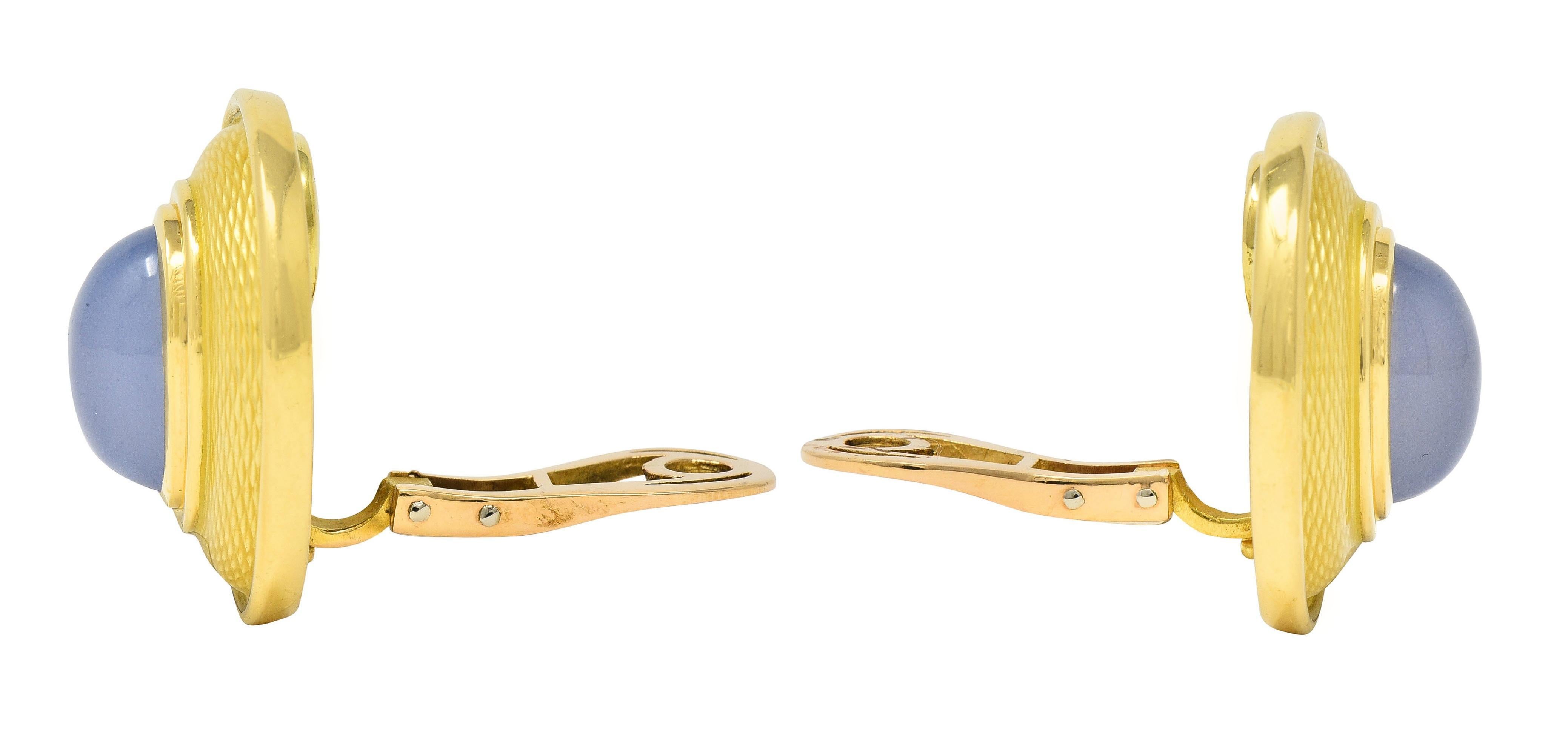 Women's or Men's DeVroomen 1998 Blue Chalcedony Enamel 18K Yellow Gold Vintage Ear Clip Earrings For Sale