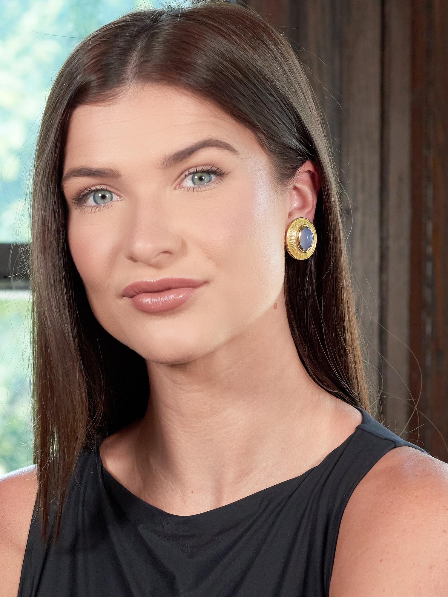 DeVroomen 1998 Blue Chalcedony Enamel 18K Yellow Gold Vintage Ear Clip Earrings For Sale 3