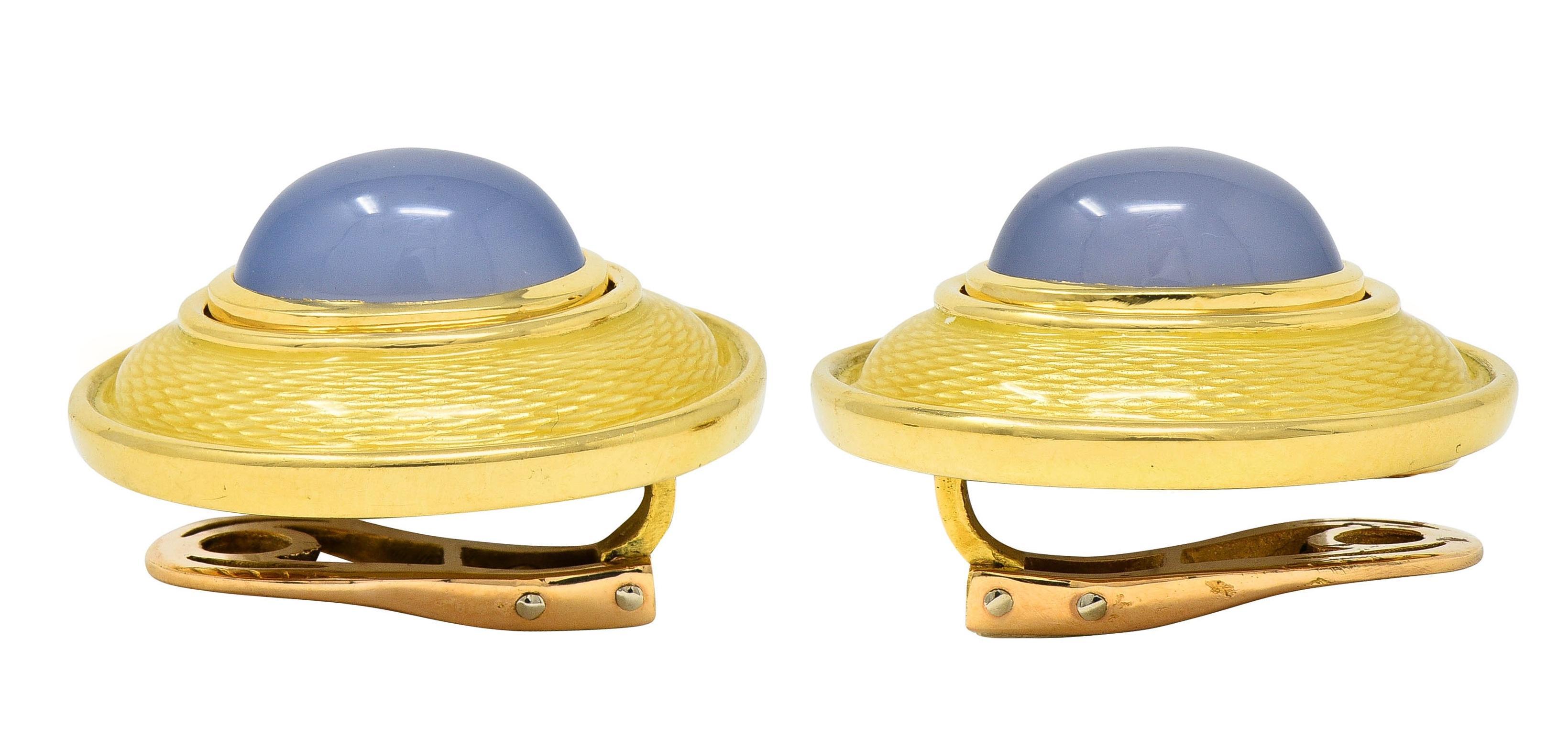 DeVroomen 1998 Blue Chalcedony Enamel 18K Yellow Gold Vintage Ear Clip Earrings For Sale 4