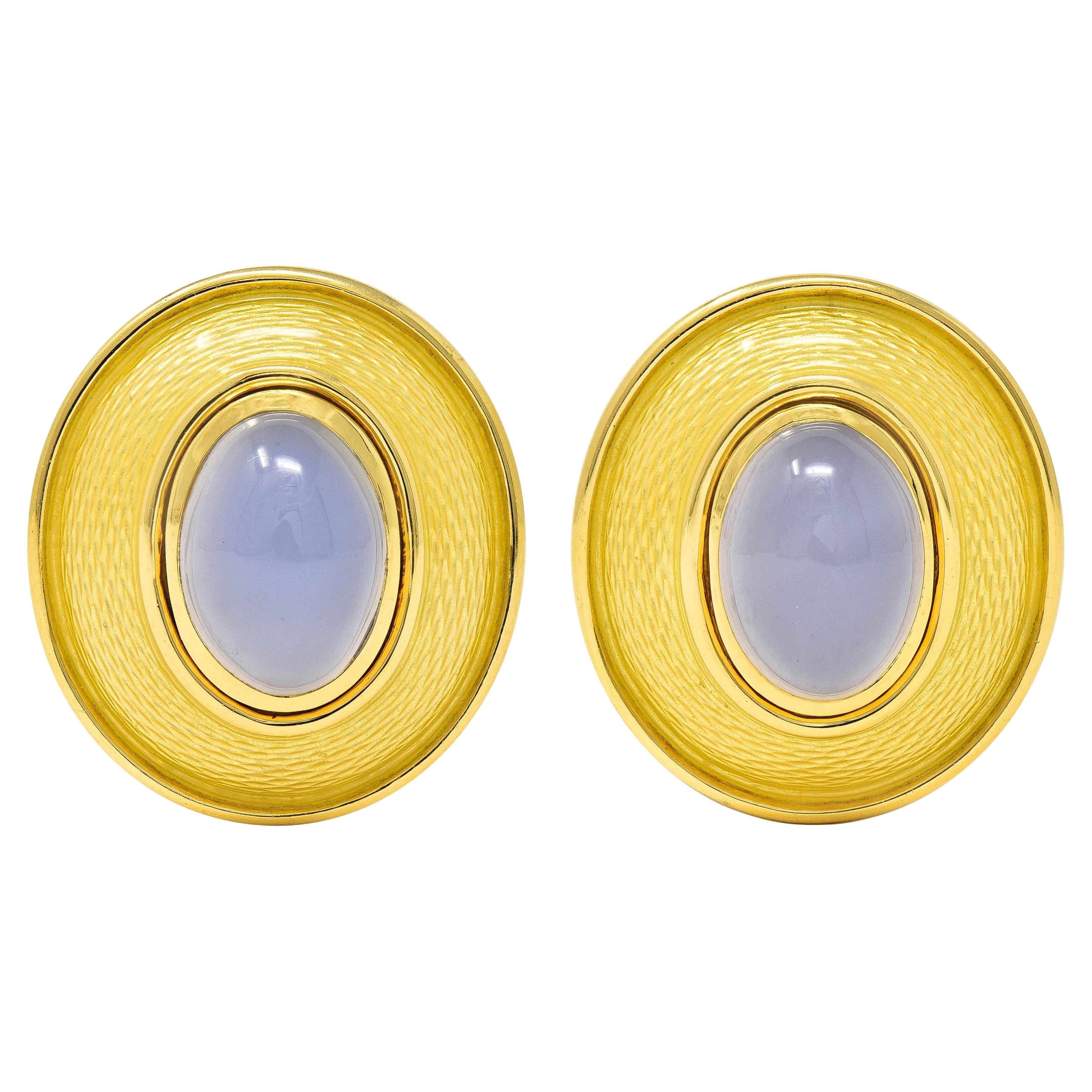 DeVroomen 1998 Blue Chalcedony Enamel 18K Yellow Gold Vintage Ear Clip Earrings